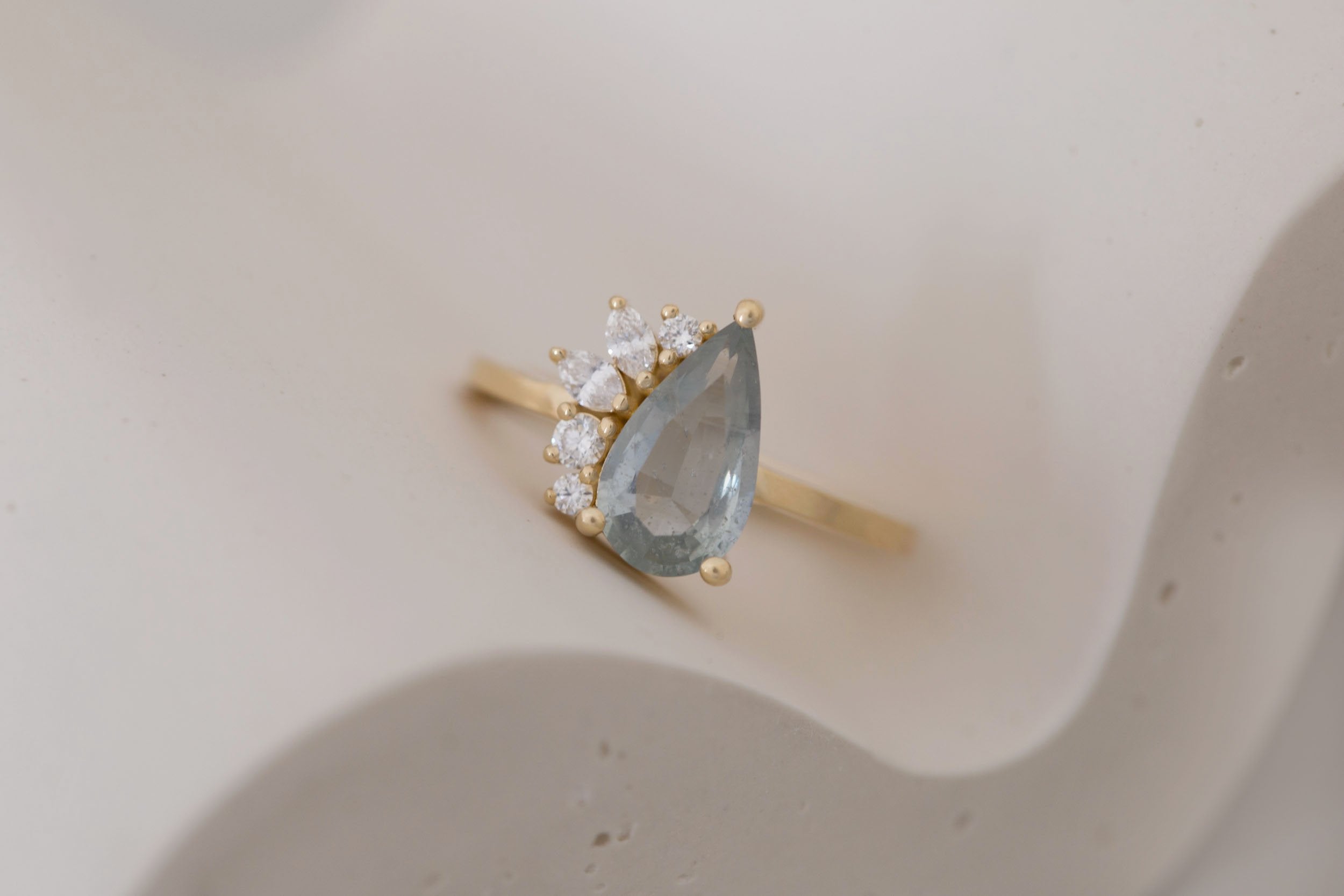 Dahlia Ring | Mint Pear Cut Sapphire + Diamond Cluster Engagement Ring 2.06 ct | 14k Recycled Gold | One of a Kind