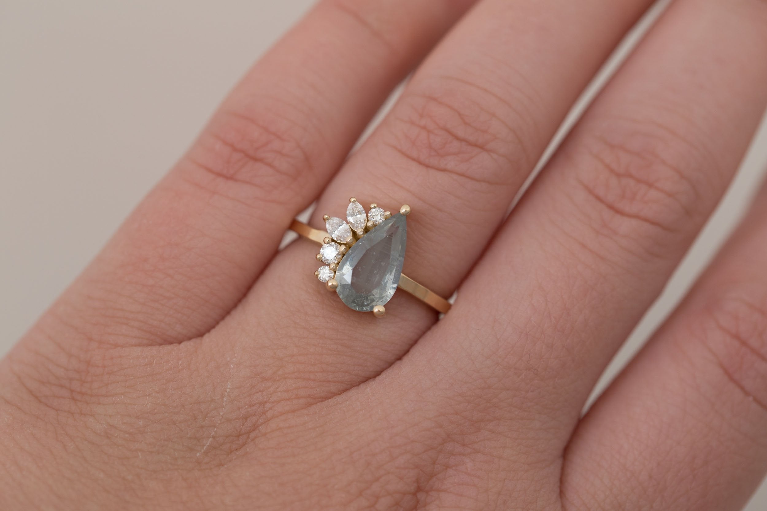 Dahlia Ring | Mint Pear Cut Sapphire + Diamond Cluster Engagement Ring 2.06 ct | 14k Recycled Gold | One of a Kind