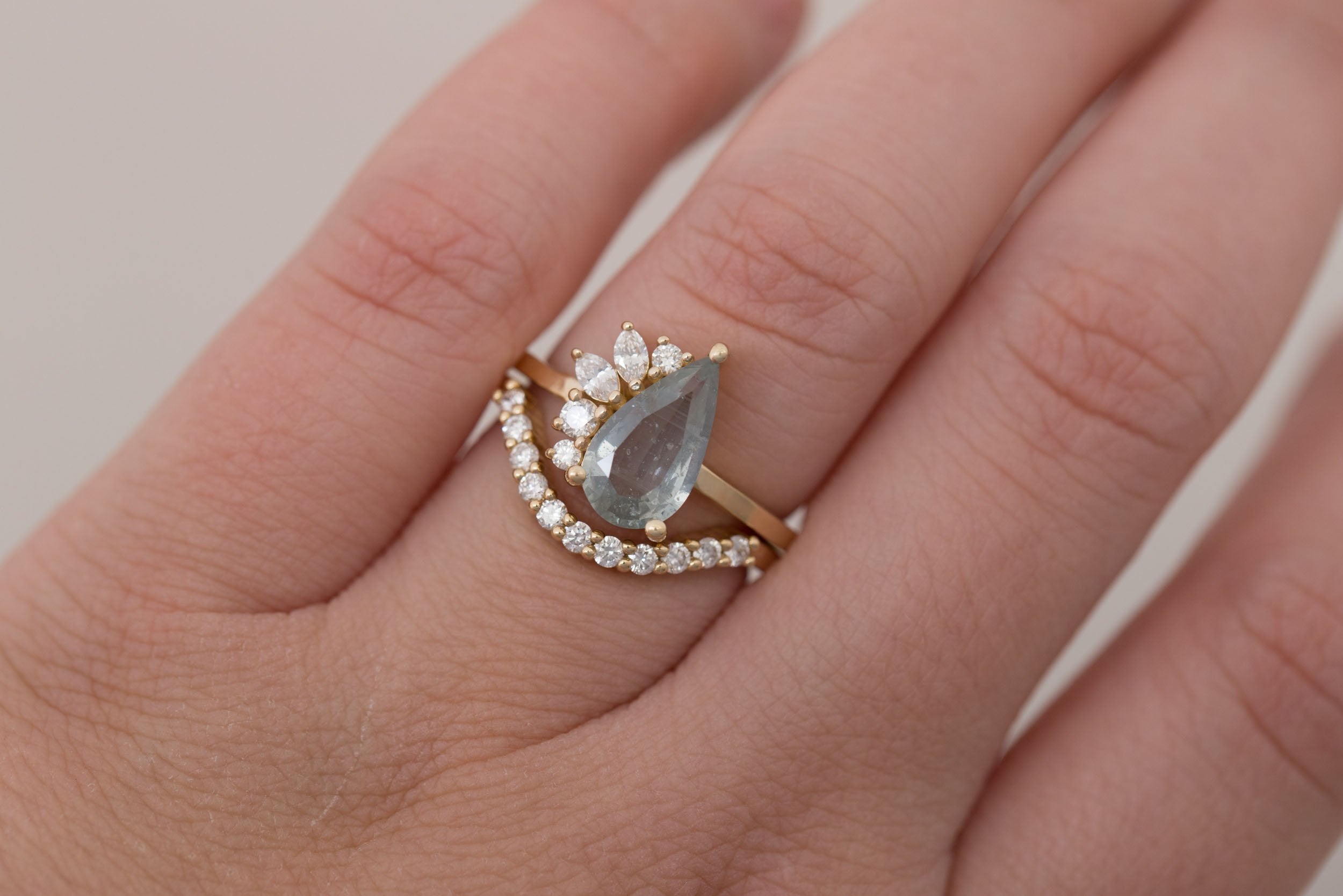 Dahlia Ring | Mint Pear Cut Sapphire + Diamond Cluster Engagement Ring 2.06 ct | 14k Recycled Gold | One of a Kind