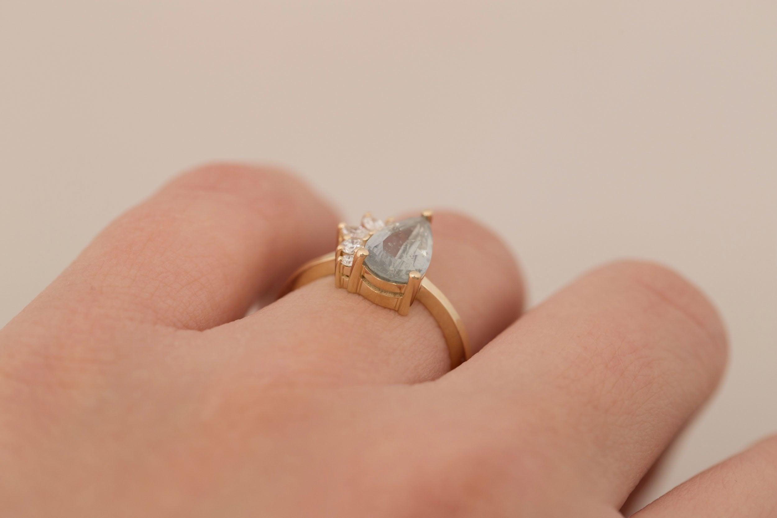 Dahlia Ring | Mint Pear Cut Sapphire + Diamond Cluster Engagement Ring 2.06 ct | 14k Recycled Gold | One of a Kind