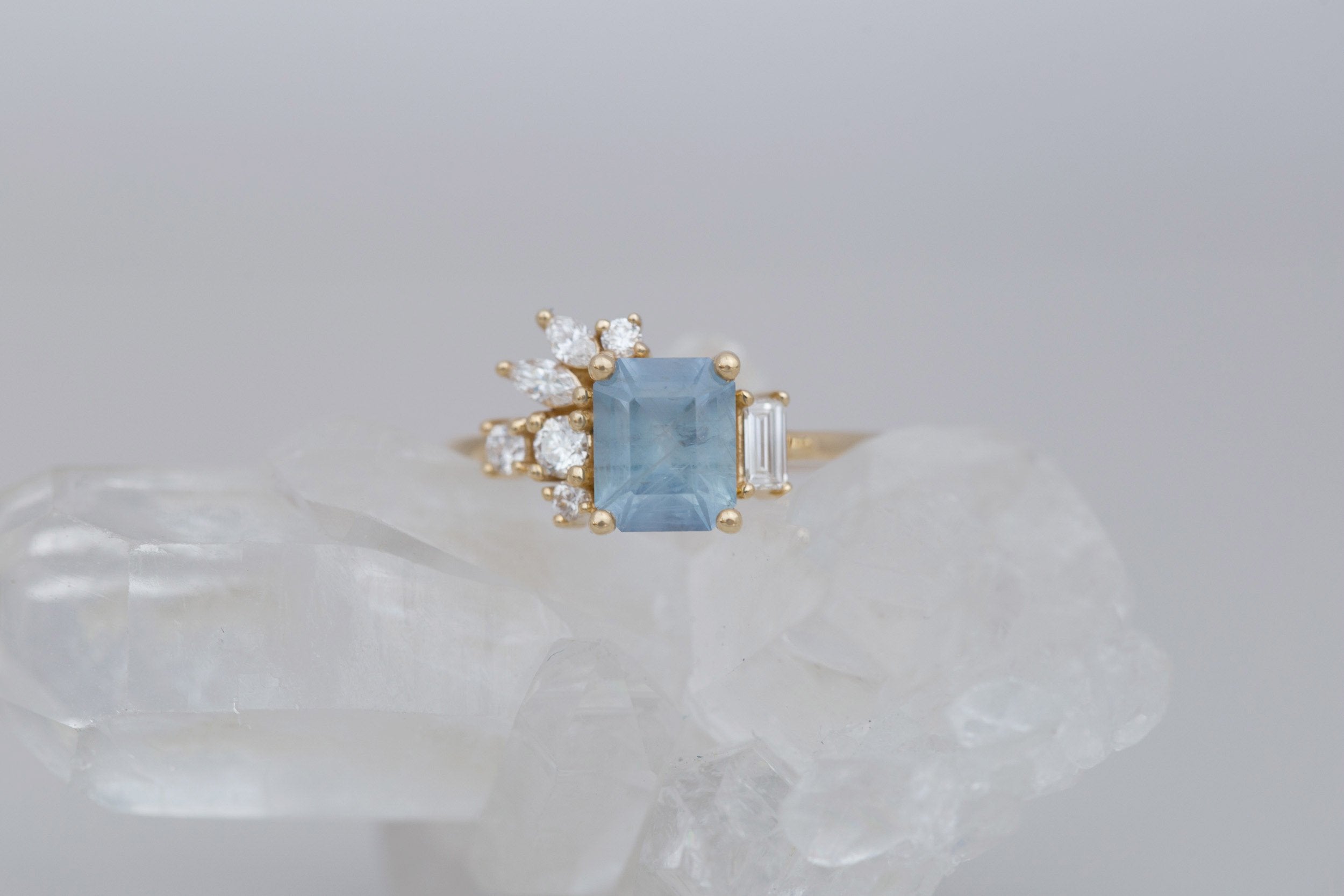 Iona Ring | Icy Blue Emerald Cut Sapphire + Diamond Cluster Engagement Ring 2.06 ct | 14k Recycled Gold | One of a Kind
