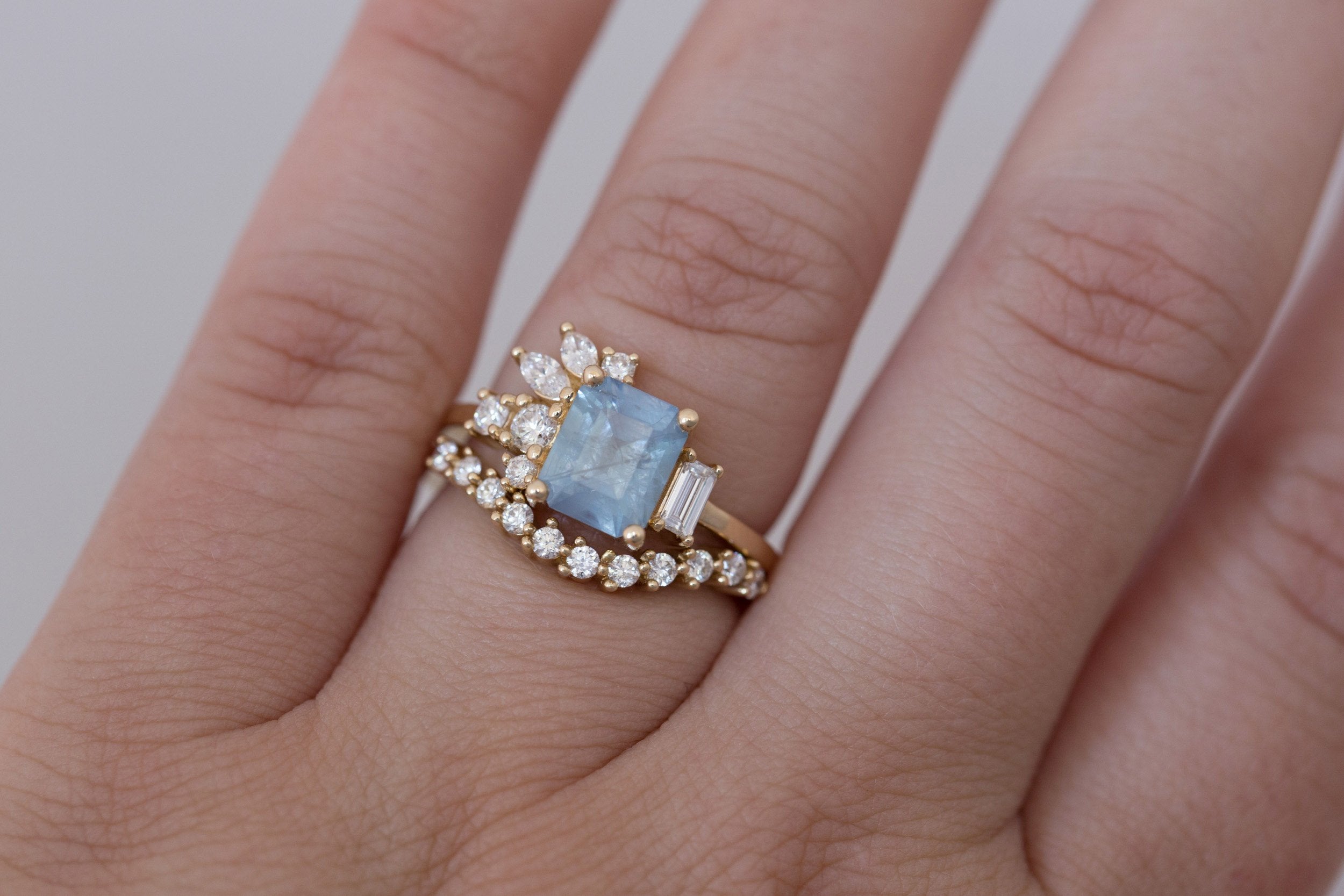 Iona Ring | Icy Blue Emerald Cut Sapphire + Diamond Cluster Engagement Ring 2.06 ct | 14k Recycled Gold | One of a Kind