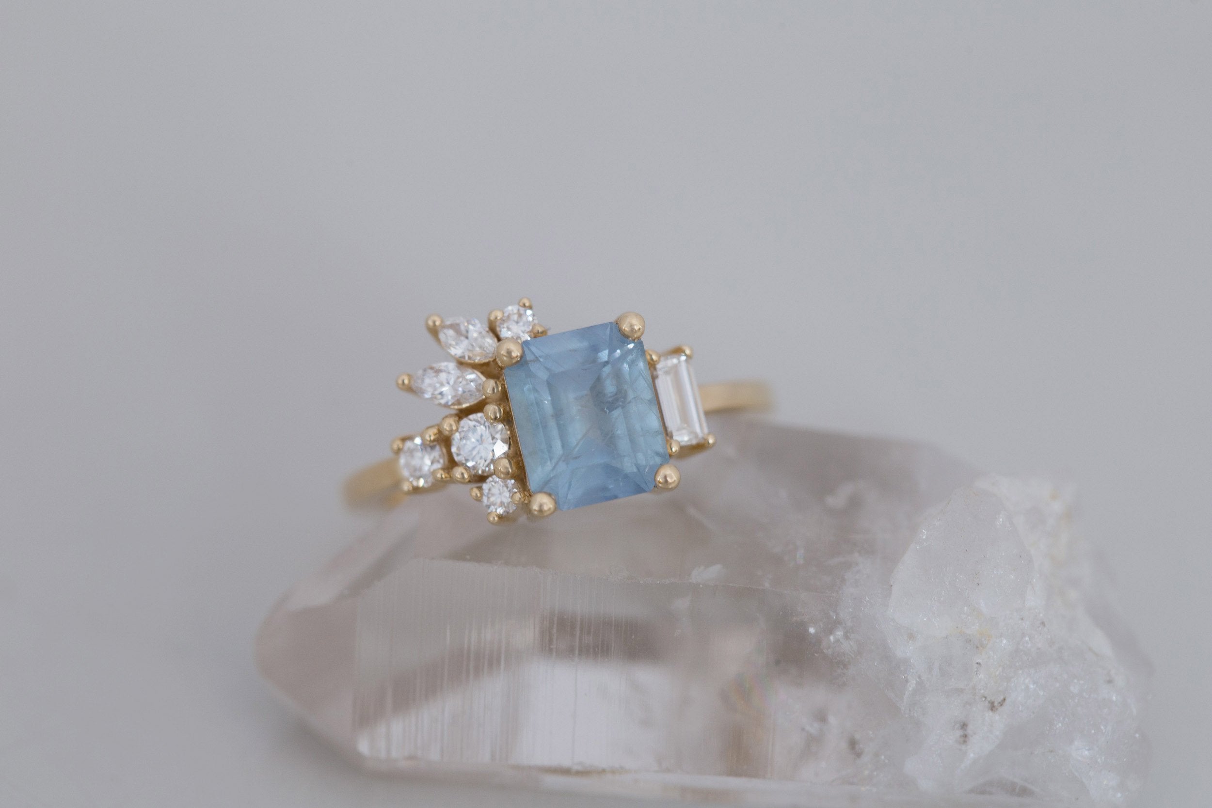 Iona Ring | Icy Blue Emerald Cut Sapphire + Diamond Cluster Engagement Ring 2.06 ct | 14k Recycled Gold | One of a Kind