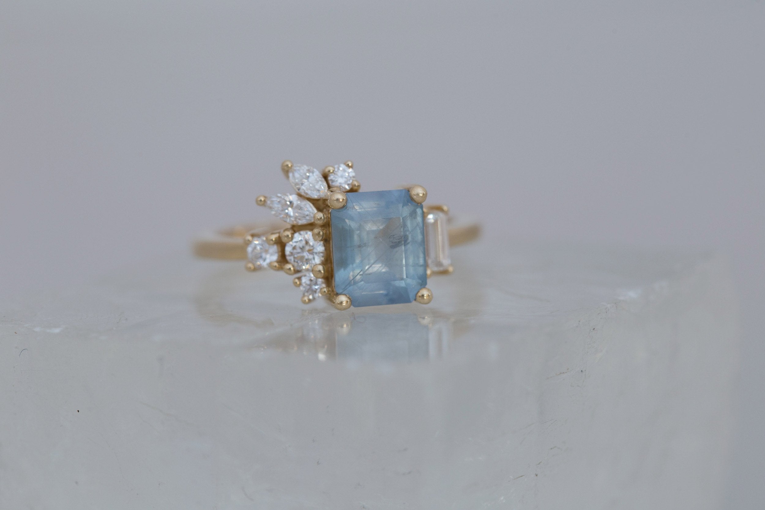 Iona Ring | Icy Blue Emerald Cut Sapphire + Diamond Cluster Engagement Ring 2.06 ct | 14k Recycled Gold | One of a Kind