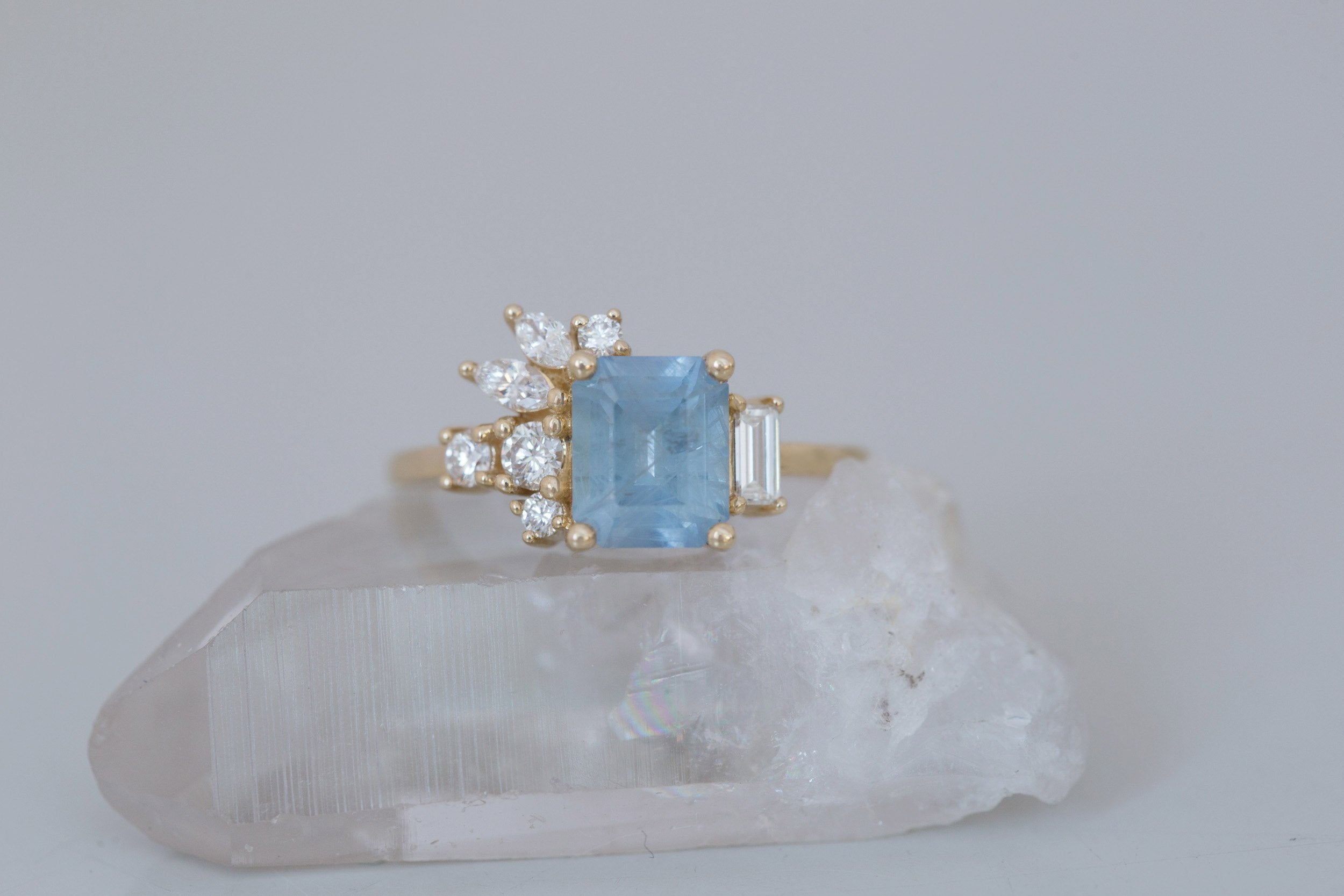 Iona Ring | Icy Blue Emerald Cut Sapphire + Diamond Cluster Engagement Ring 2.06 ct | 14k Recycled Gold | One of a Kind