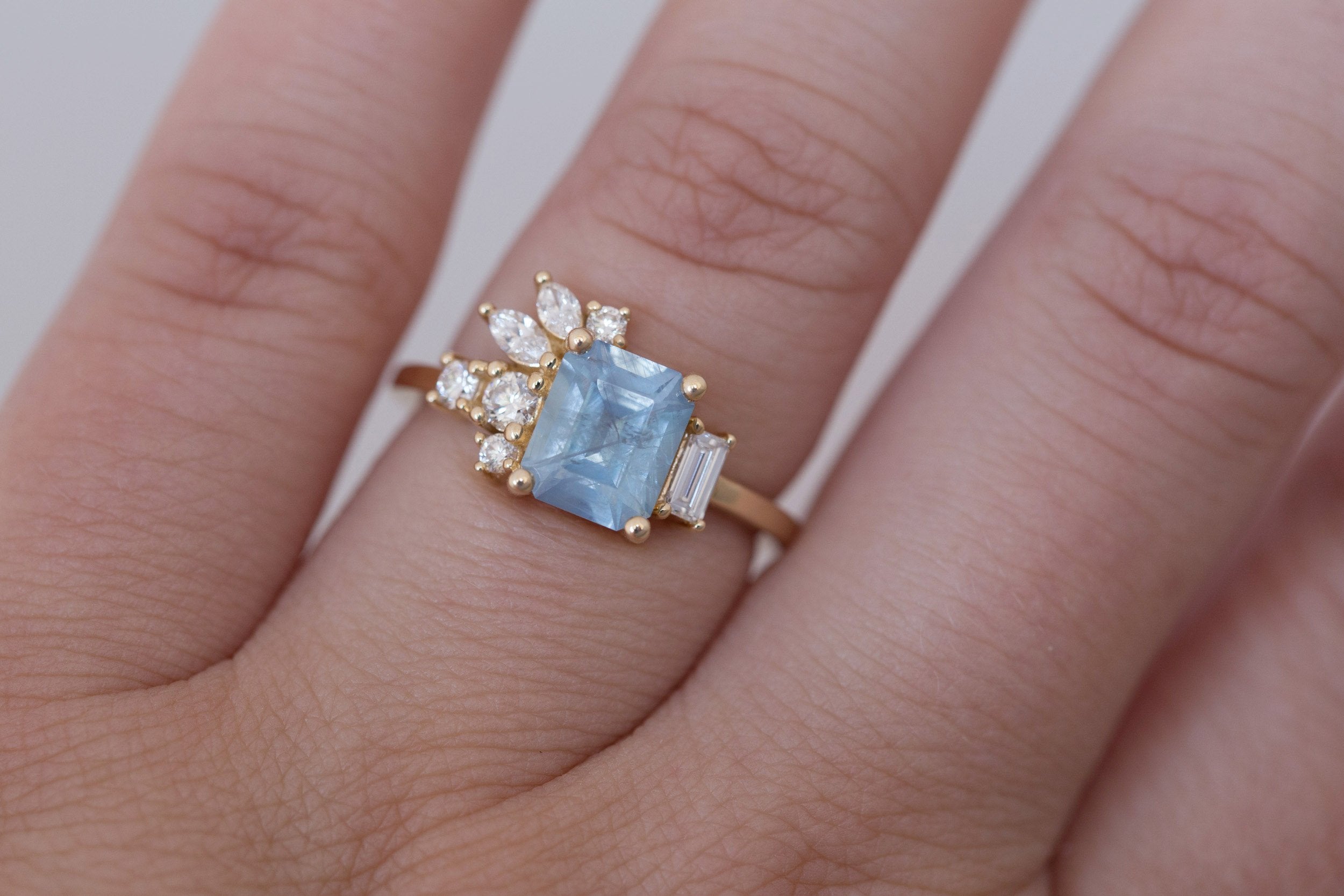 Iona Ring | Icy Blue Emerald Cut Sapphire + Diamond Cluster Engagement Ring 2.06 ct | 14k Recycled Gold | One of a Kind