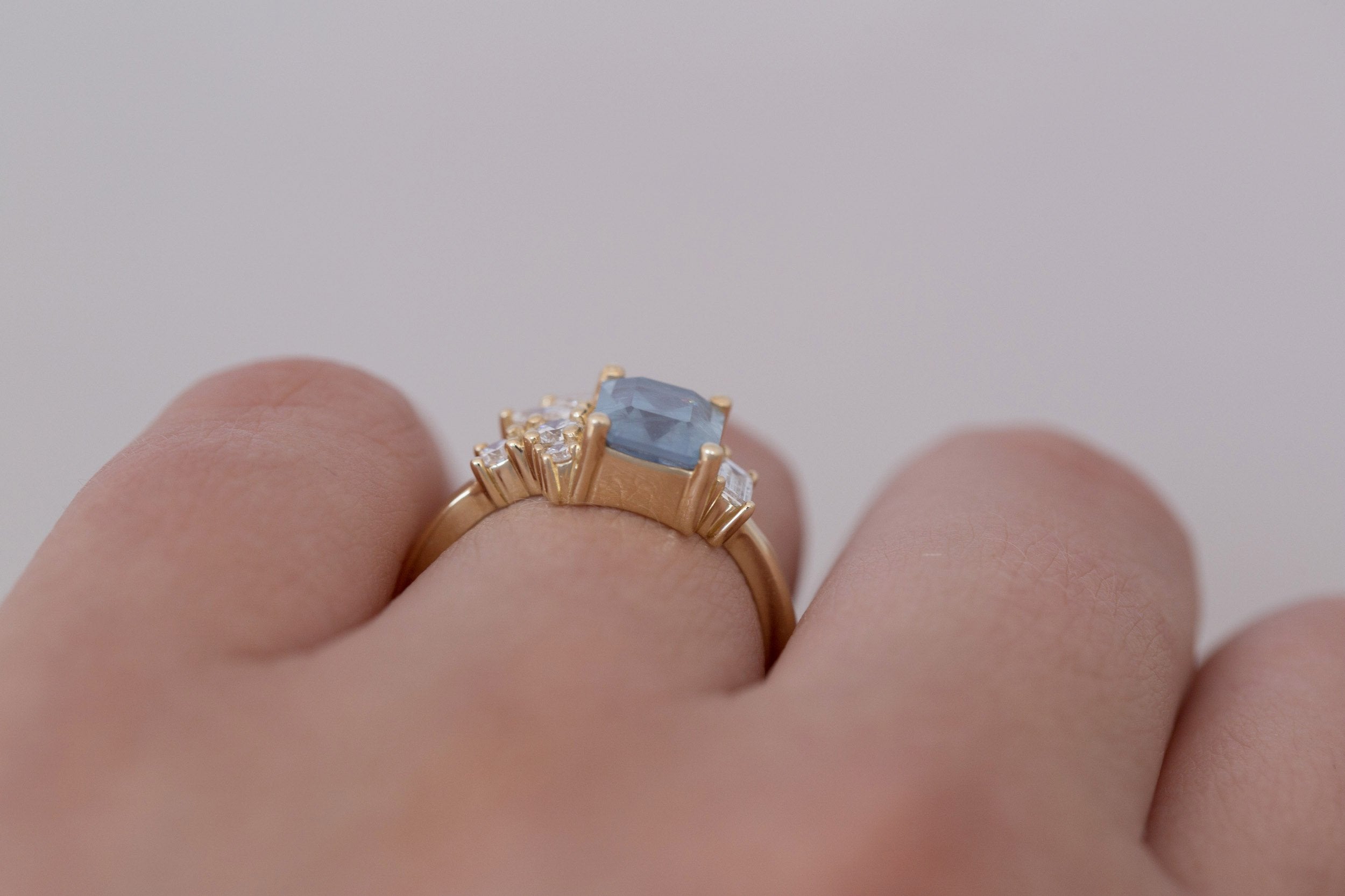 Iona Ring | Icy Blue Emerald Cut Sapphire + Diamond Cluster Engagement Ring 2.06 ct | 14k Recycled Gold | One of a Kind