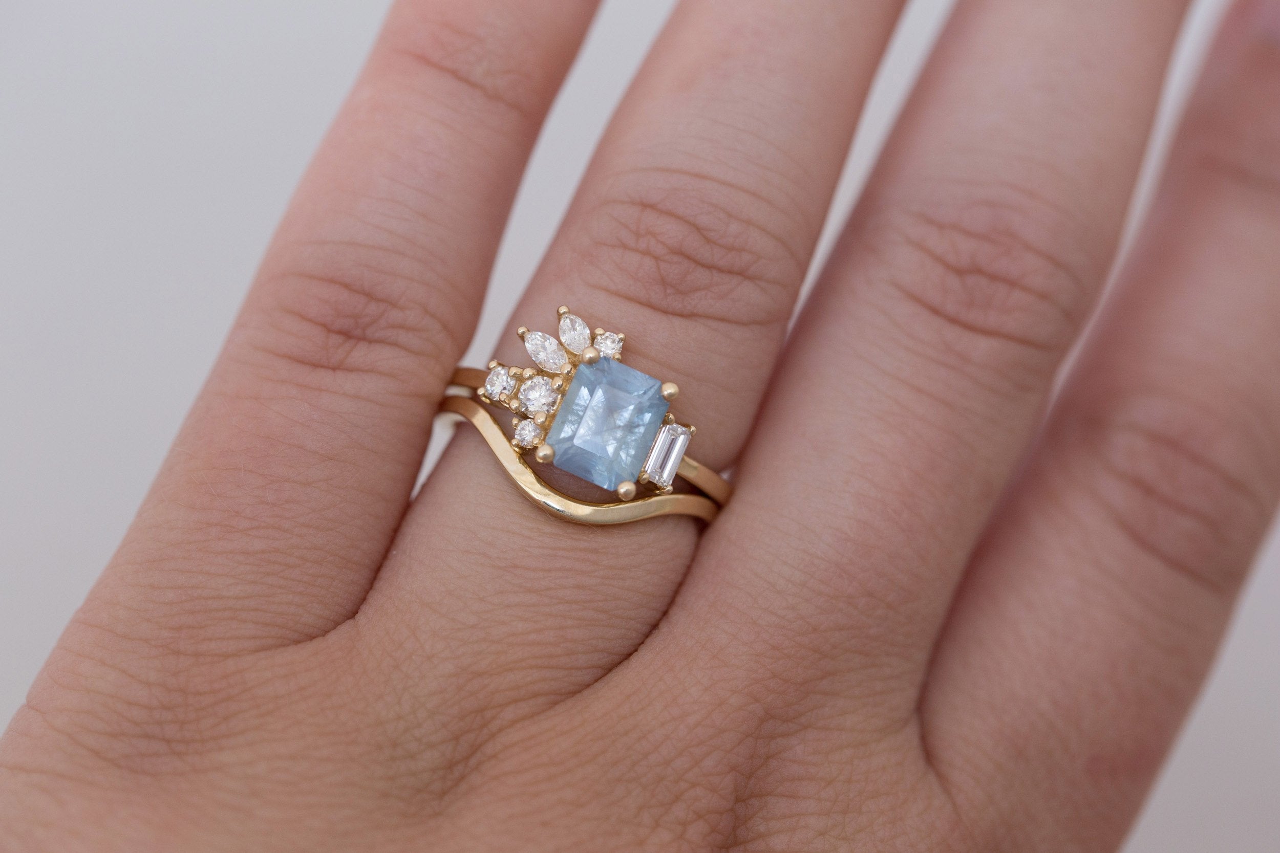 Iona Ring | Icy Blue Emerald Cut Sapphire + Diamond Cluster Engagement Ring 2.06 ct | 14k Recycled Gold | One of a Kind