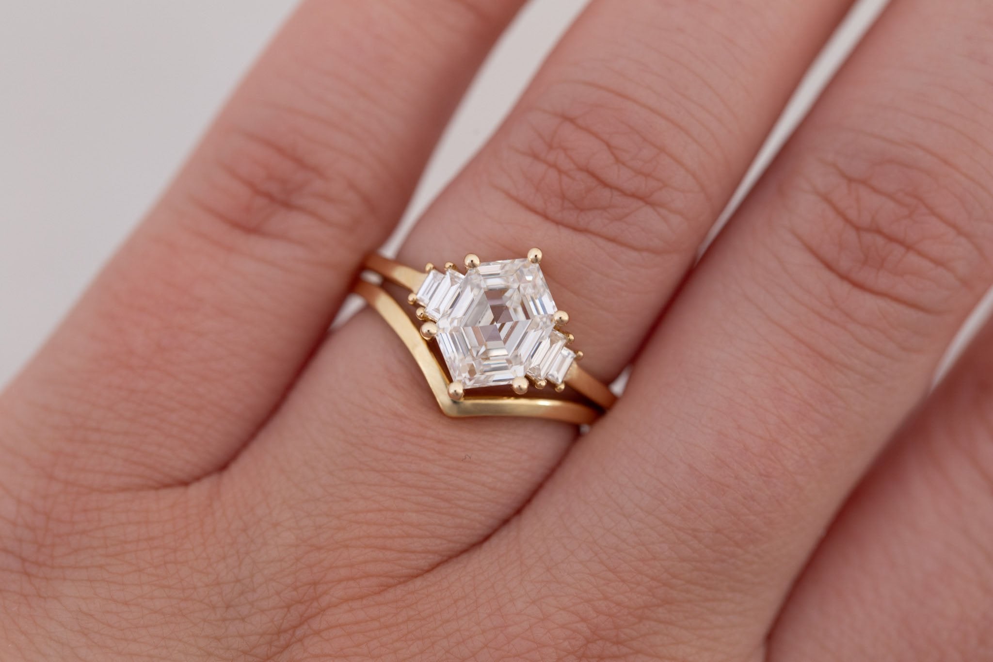Ash Ring | Lab Hexagonal Diamond + Diamond Baguette Engagement Ring 2.07 ct | 14k Recycled Gold | One of a Kind