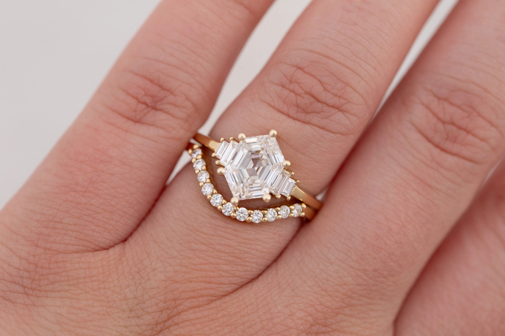 Ash Ring | Lab Hexagonal Diamond + Diamond Baguette Engagement Ring 2.07 ct | 14k Recycled Gold | One of a Kind