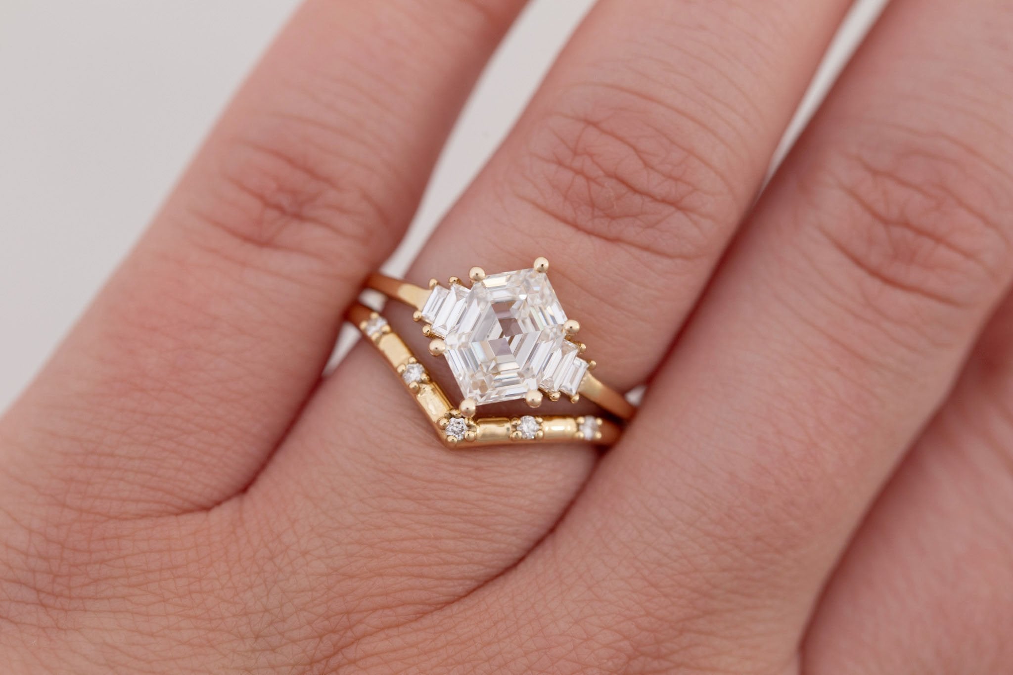 Ash Ring | Lab Hexagonal Diamond + Diamond Baguette Engagement Ring 2.07 ct | 14k Recycled Gold | One of a Kind