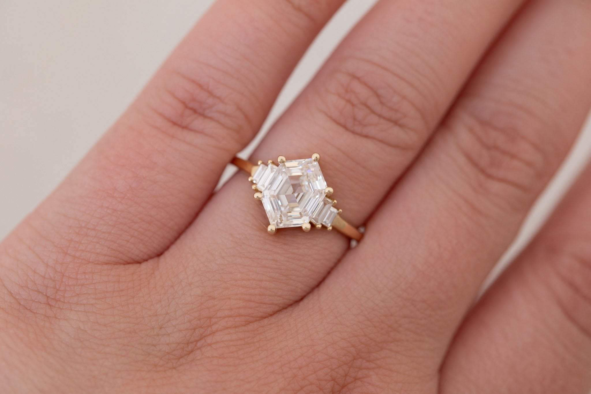 Ash Ring | Lab Hexagonal Diamond + Diamond Baguette Engagement Ring 2.07 ct | 14k Recycled Gold | One of a Kind