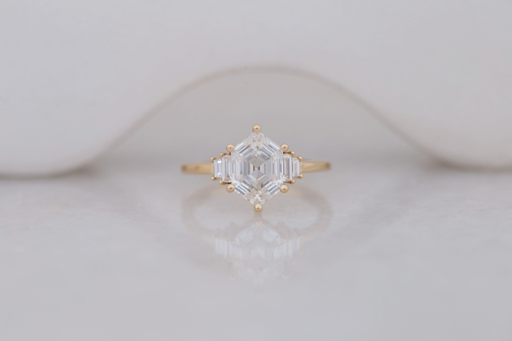 Ash Ring | Lab Hexagonal Diamond + Diamond Baguette Engagement Ring 2.07 ct | 14k Recycled Gold | One of a Kind