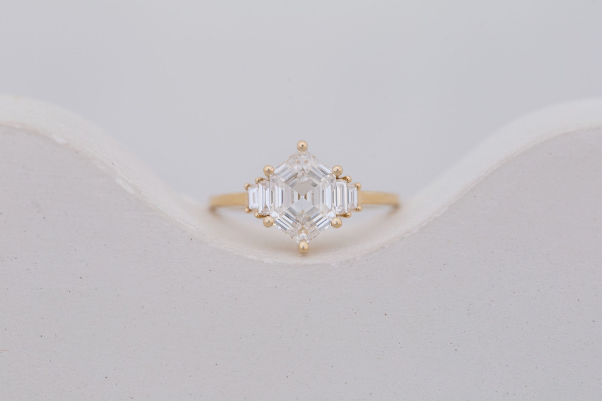 Ash Ring | Lab Hexagonal Diamond + Diamond Baguette Engagement Ring 2.07 ct | 14k Recycled Gold | One of a Kind