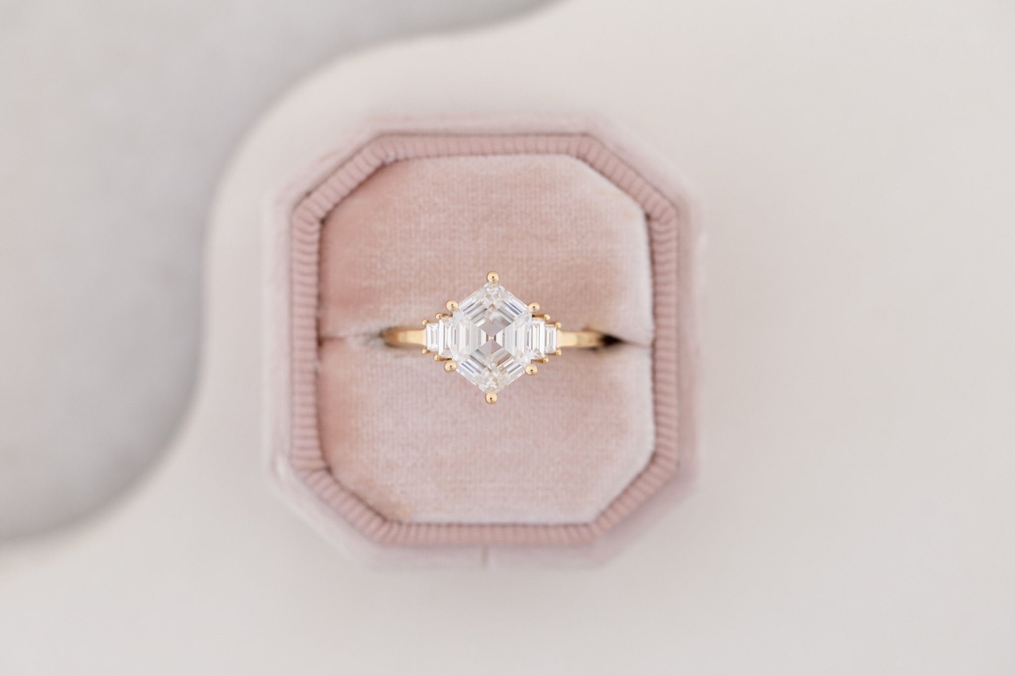 Ash Ring | Lab Hexagonal Diamond + Diamond Baguette Engagement Ring 2.07 ct | 14k Recycled Gold | One of a Kind