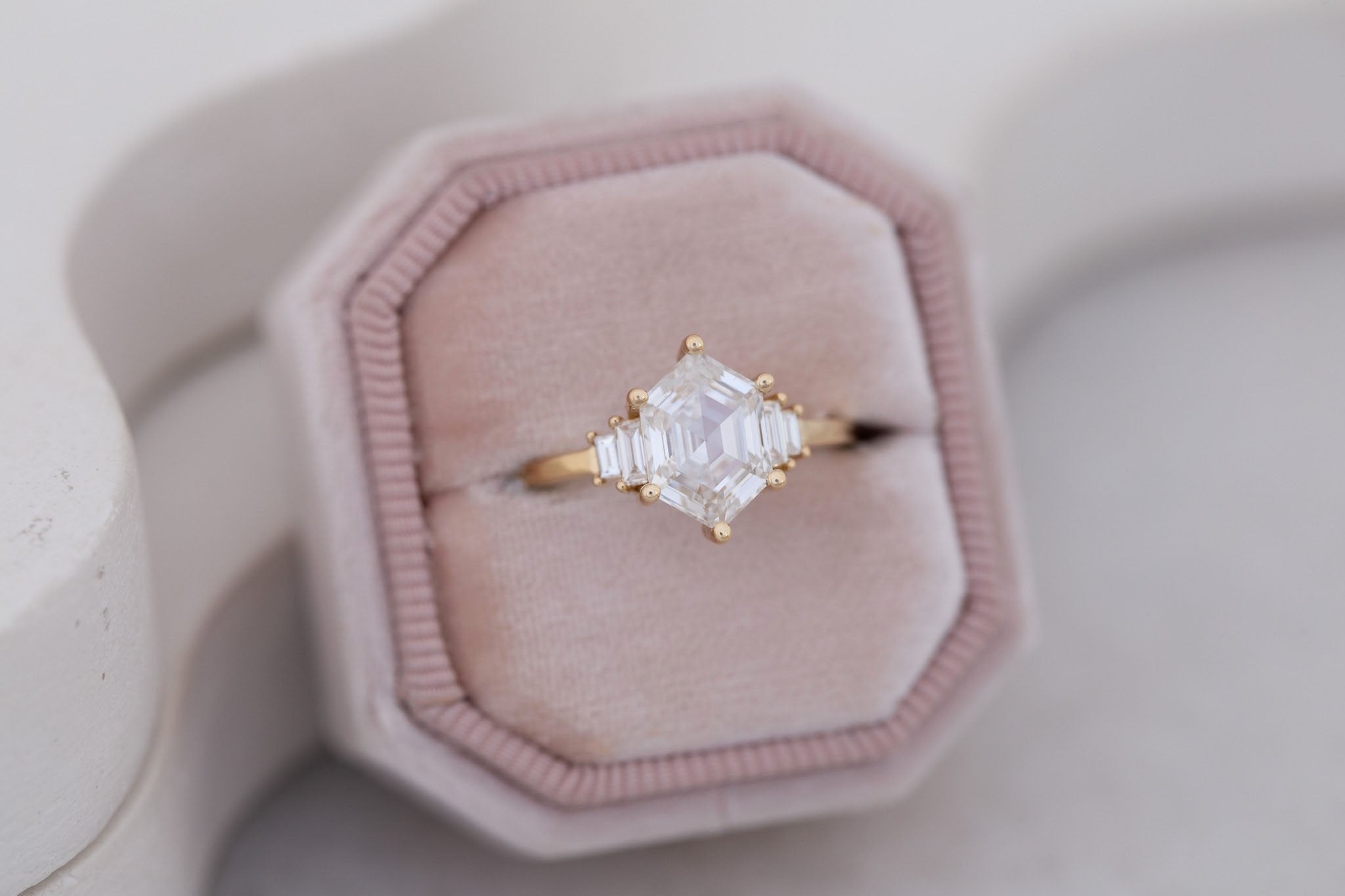 Ash Ring | Lab Hexagonal Diamond + Diamond Baguette Engagement Ring 2.07 ct | 14k Recycled Gold | One of a Kind