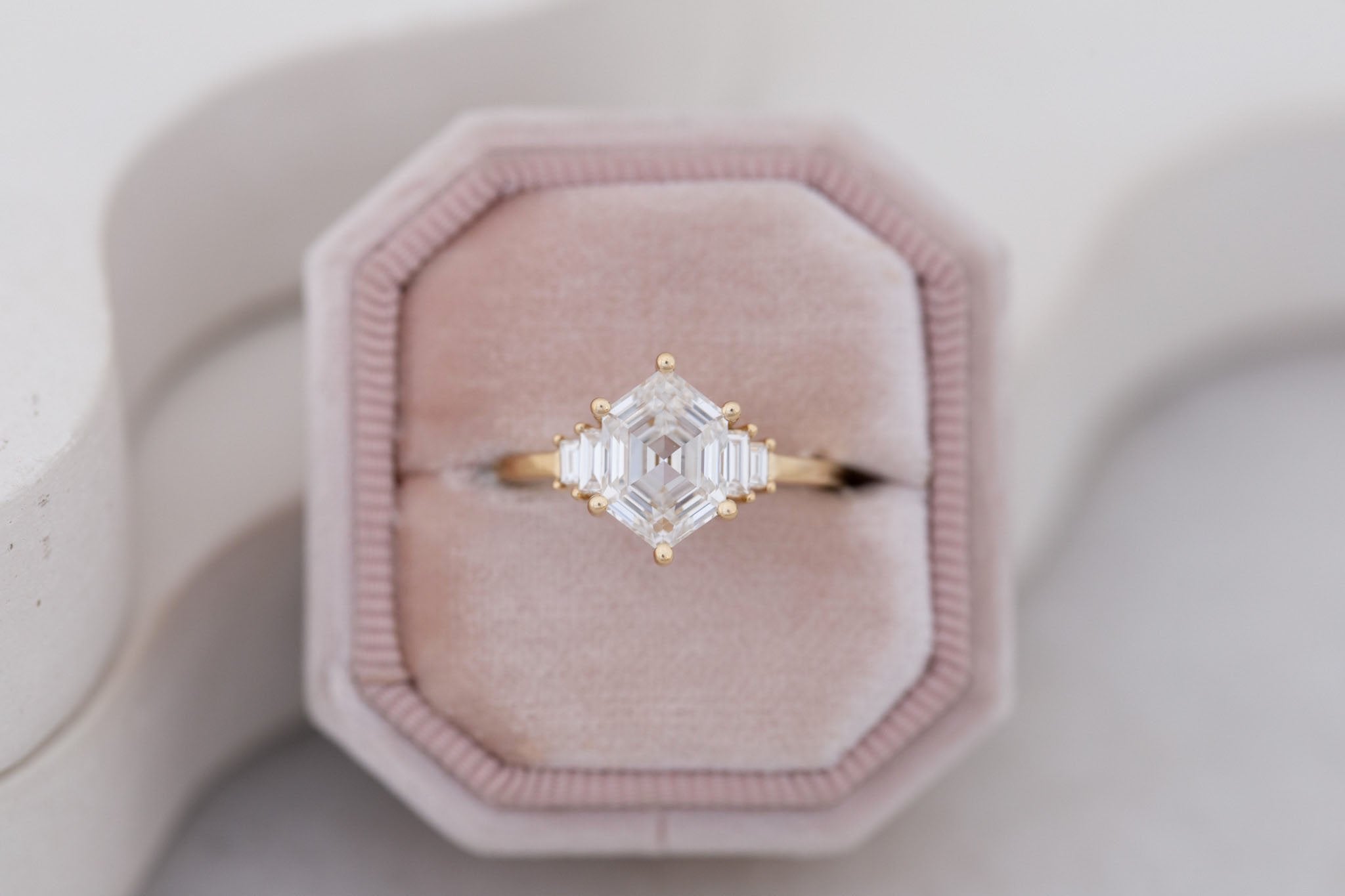 Ash Ring | Lab Hexagonal Diamond + Diamond Baguette Engagement Ring 2.07 ct | 14k Recycled Gold | One of a Kind