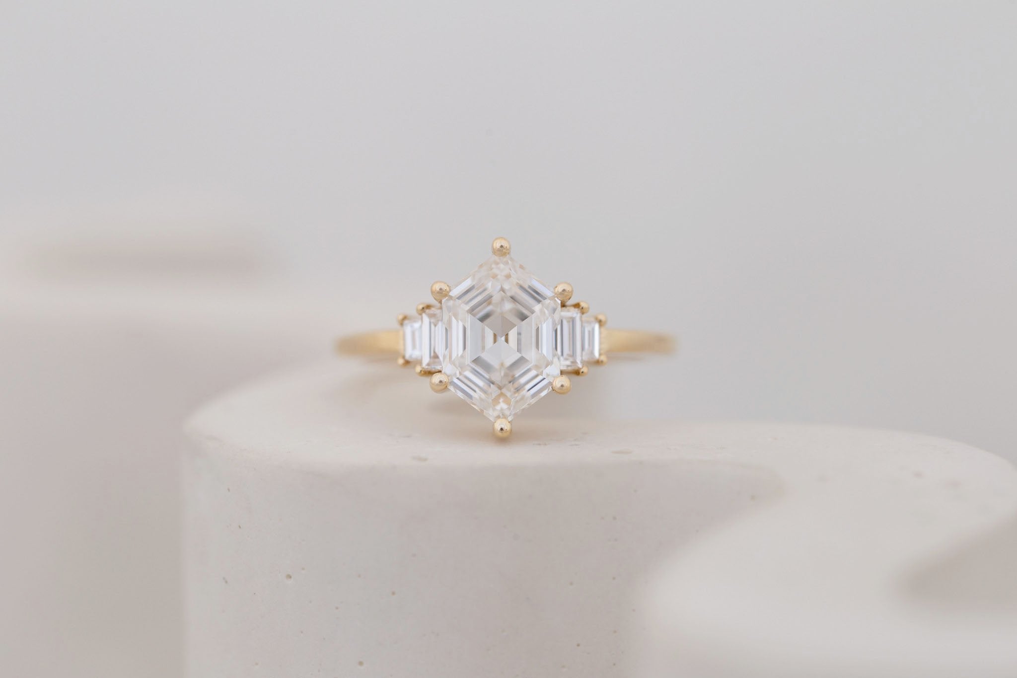 Ash Ring | Lab Hexagonal Diamond + Diamond Baguette Engagement Ring 2.07 ct | 14k Recycled Gold | One of a Kind