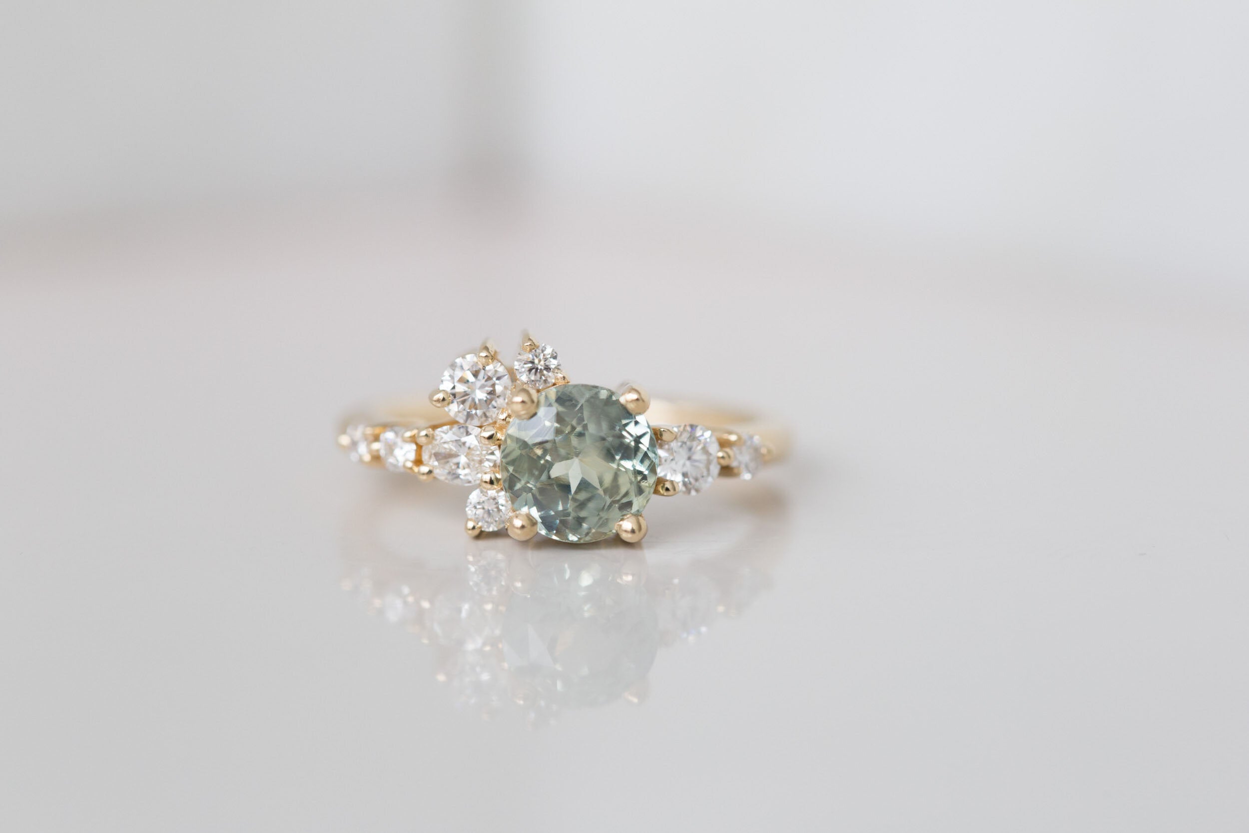 Ilia Ring | Mint Green Round Sapphire 2.07 ct + Diamond Cluster Engagement Ring | 14k Recycled Gold | One of a Kind