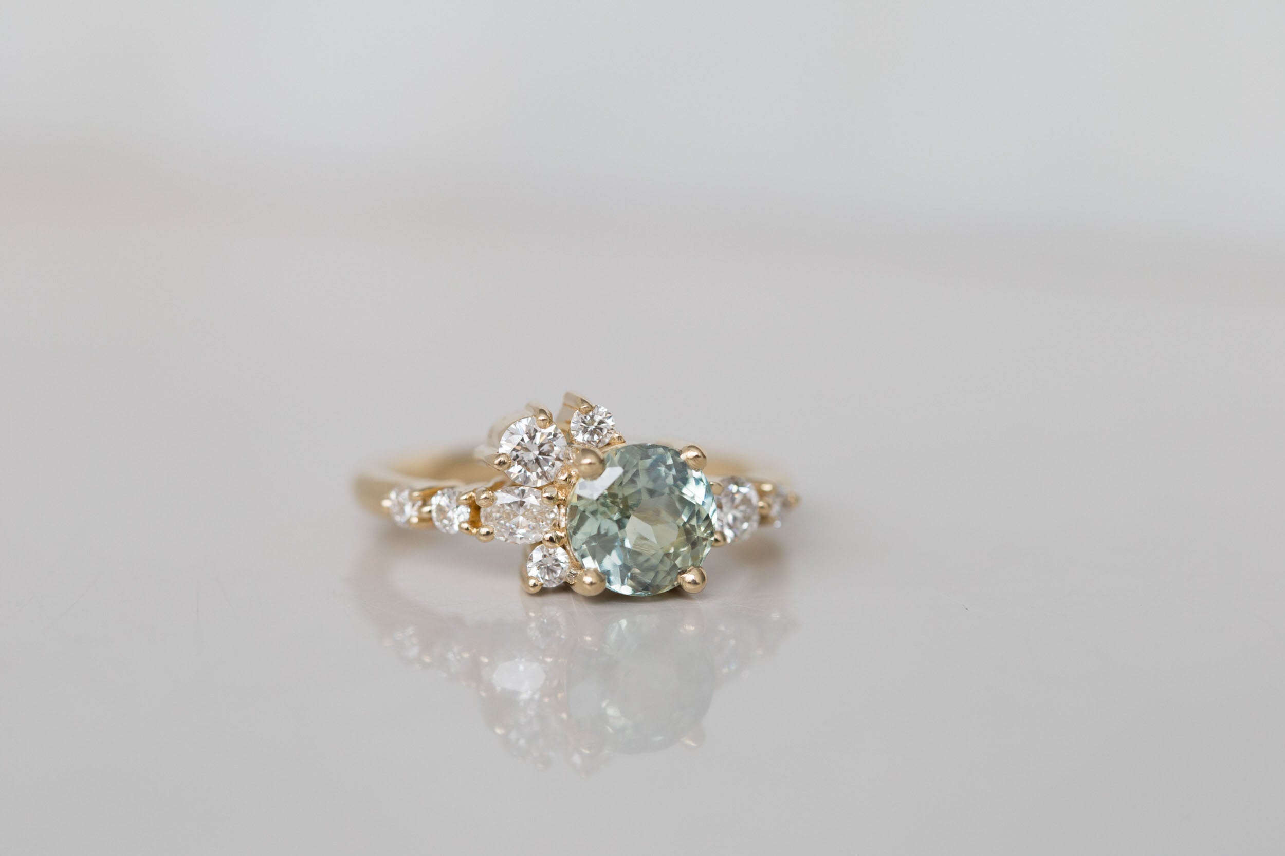 Ilia Ring | Mint Green Round Sapphire 2.07 ct + Diamond Cluster Engagement Ring | 14k Recycled Gold | One of a Kind