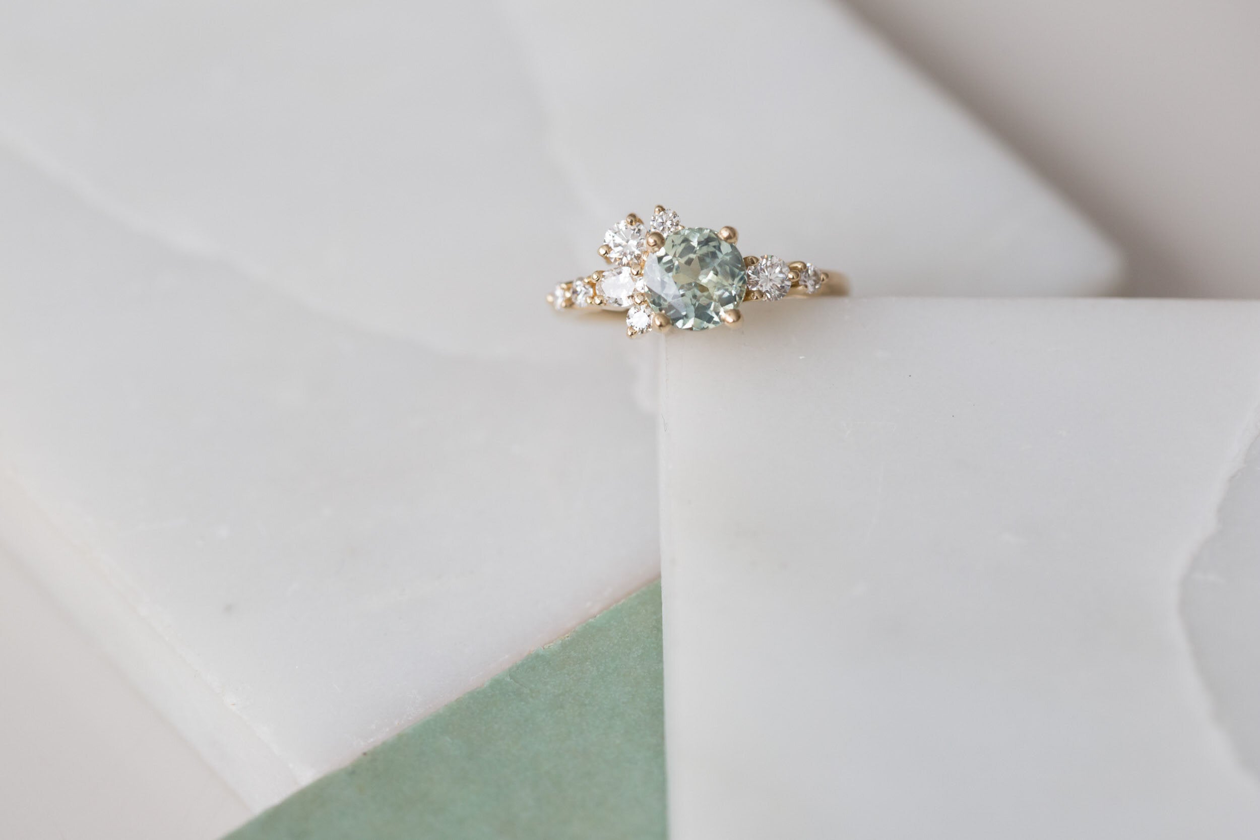 Ilia Ring | Mint Green Round Sapphire 2.07 ct + Diamond Cluster Engagement Ring | 14k Recycled Gold | One of a Kind