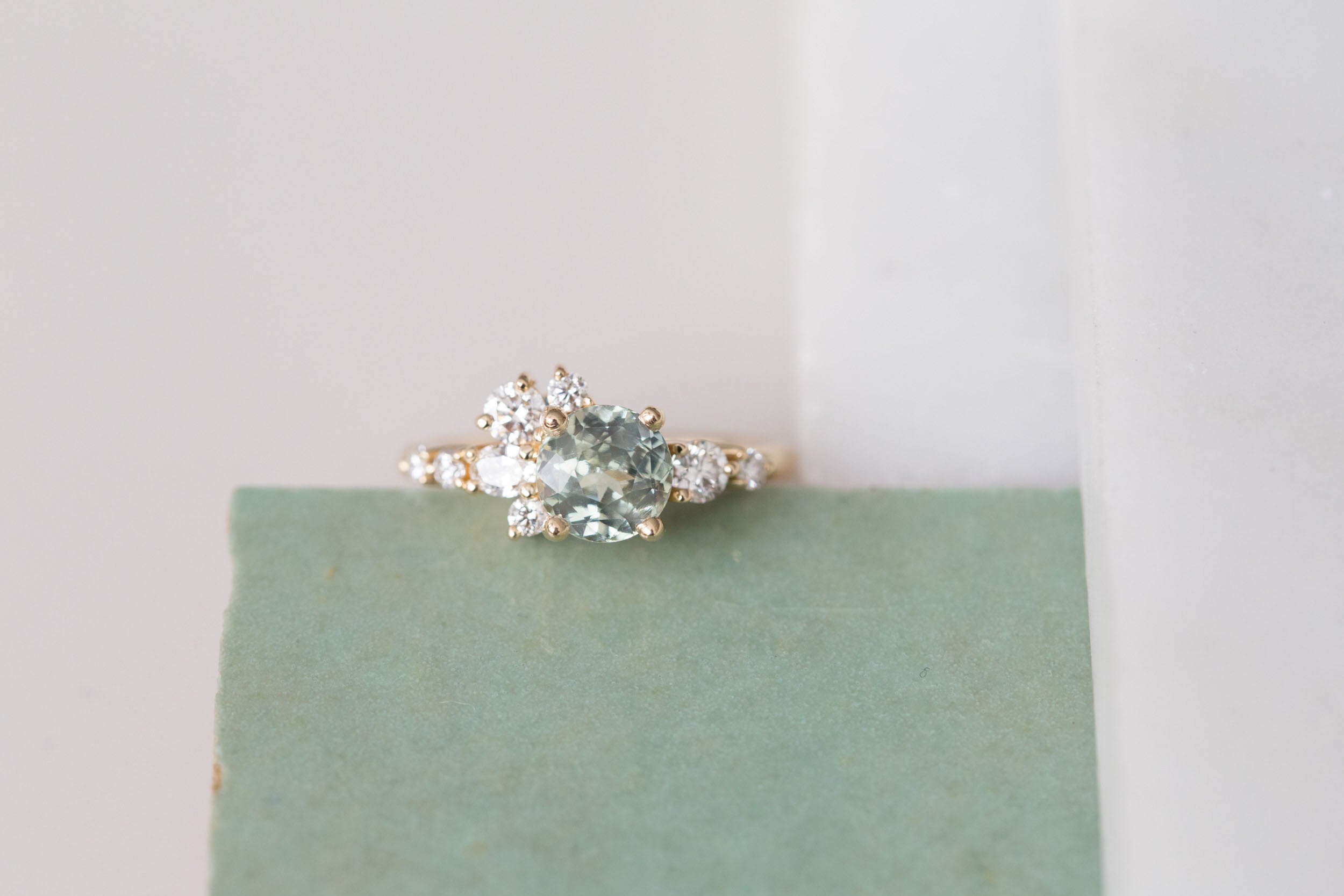 Ilia Ring | Mint Green Round Sapphire 2.07 ct + Diamond Cluster Engagement Ring | 14k Recycled Gold | One of a Kind