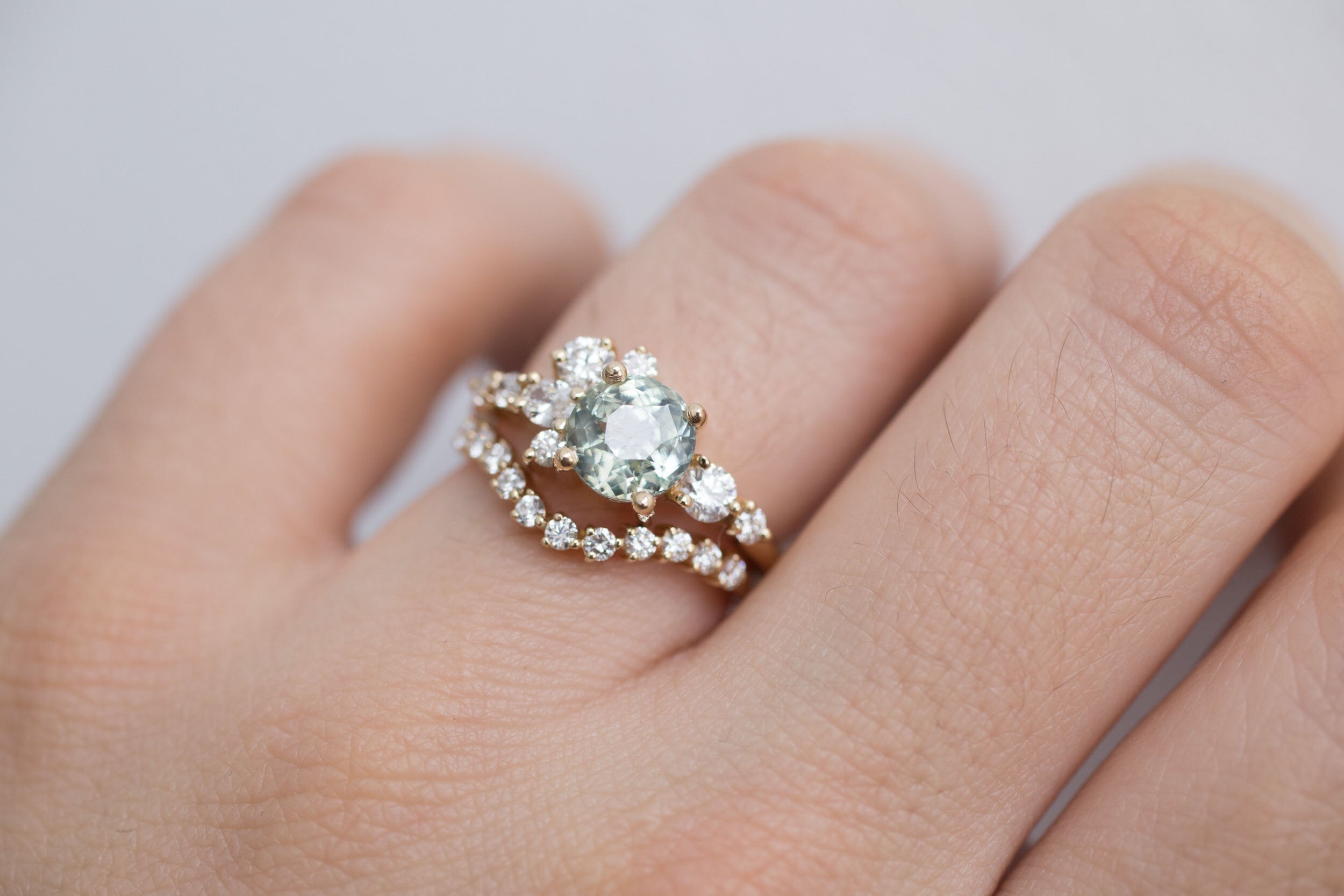 Ilia Ring | Mint Green Round Sapphire 2.07 ct + Diamond Cluster Engagement Ring | 14k Recycled Gold | One of a Kind