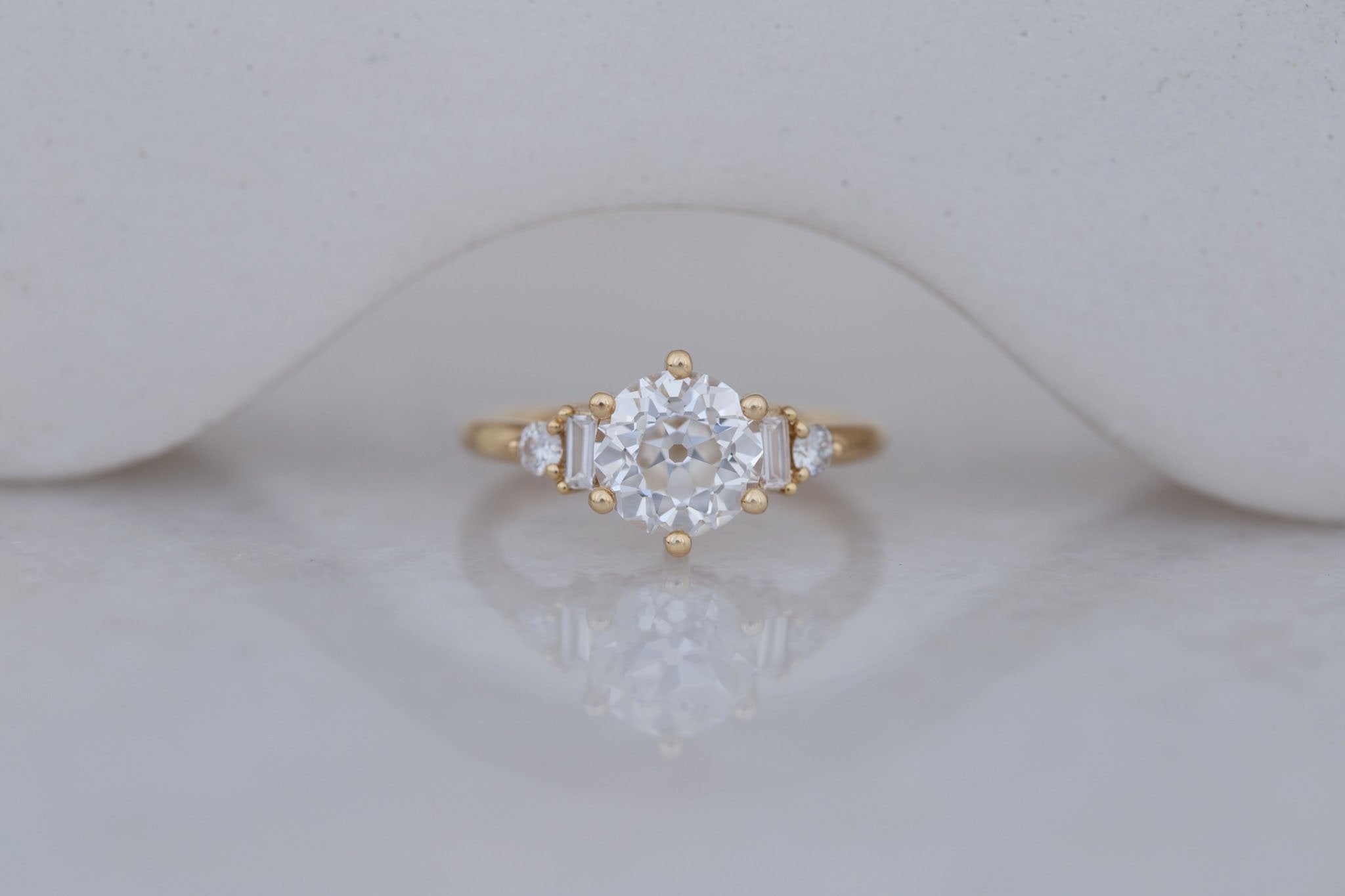 Alsea Ring | Lab Antique Round Cut Diamond + Baguette and Round Lab Diamond Accents Engagement Ring 2.08 ct | 14k Recycled Gold | One of a Kind