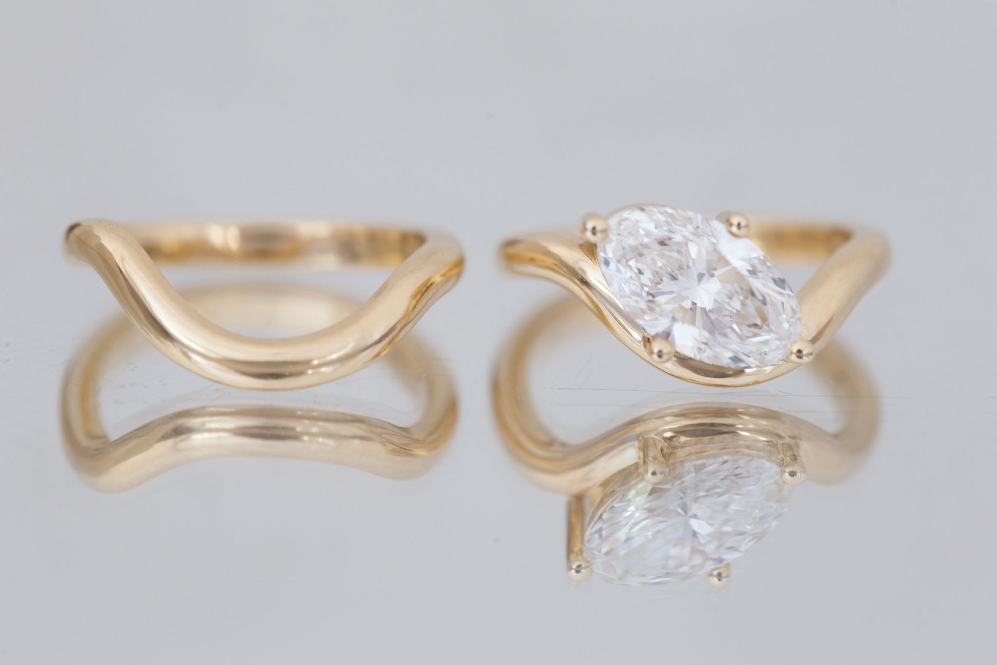 Townes Ring | Lab Moval Cut Diamond Solitaire Curved Band Engagement Ring + Wedding Band Set 2.08 ct | 14k Recycled Gold | One of a Kind