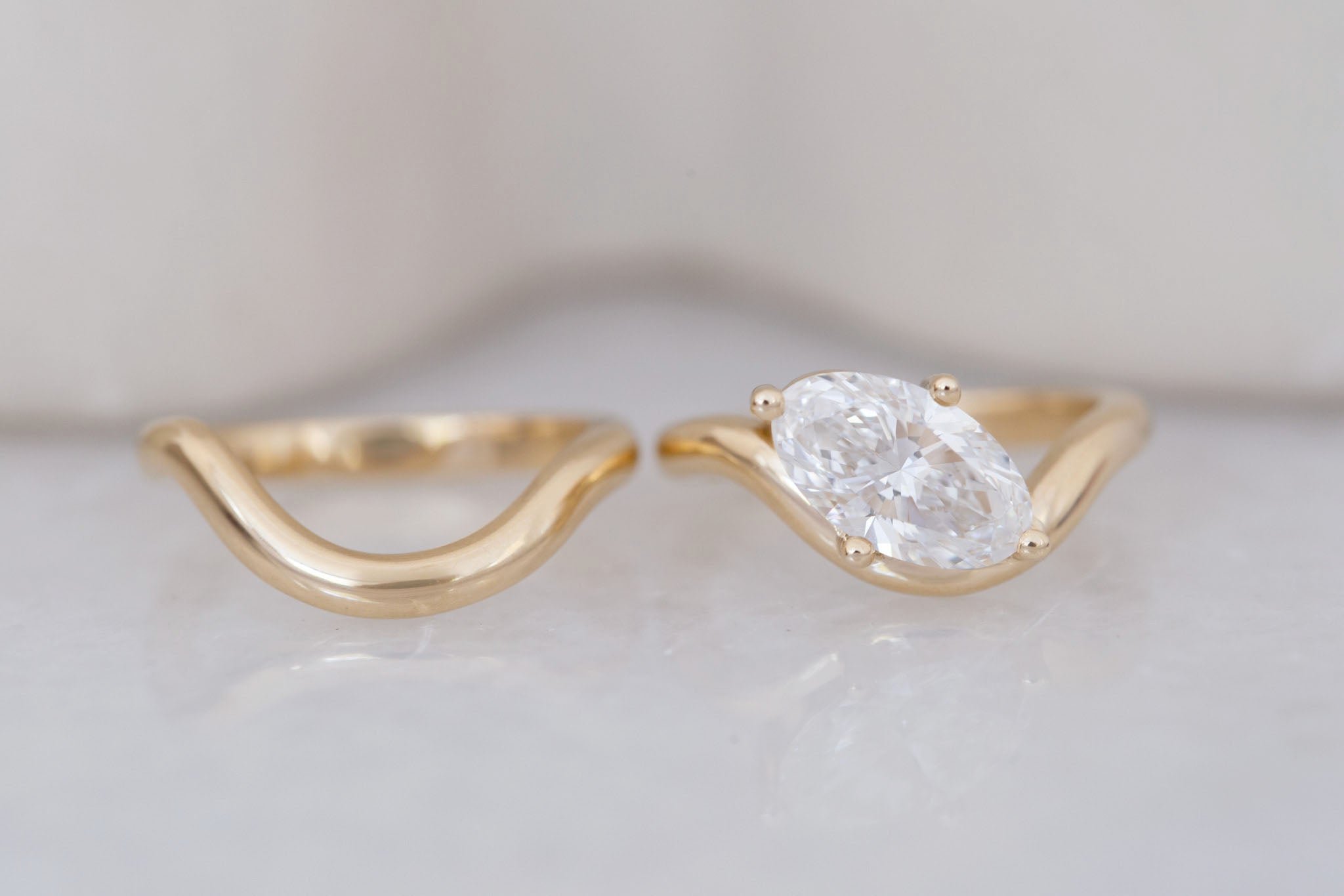 Townes Ring | Lab Moval Cut Diamond Solitaire Curved Band Engagement Ring + Wedding Band Set 2.08 ct | 14k Recycled Gold | One of a Kind