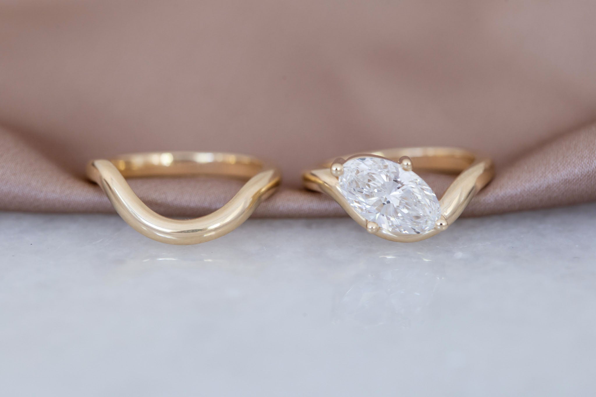 Townes Ring | Lab Moval Cut Diamond Solitaire Curved Band Engagement Ring + Wedding Band Set 2.08 ct | 14k Recycled Gold | One of a Kind