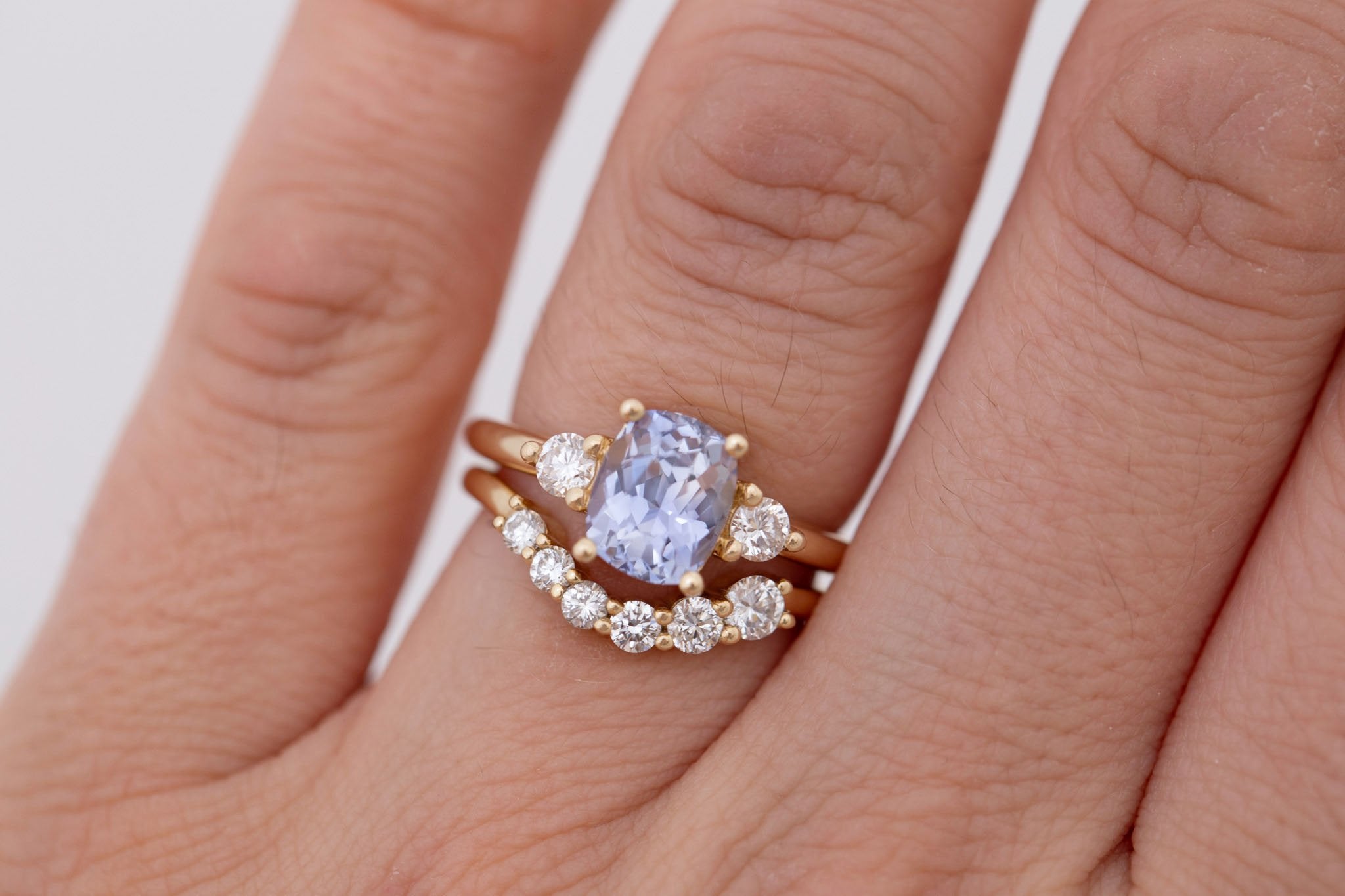 Maeve Ring | Lavender Cushion Sapphire + Round Diamond Accent Engagement Ring 2.09 ct | 14k Recycled Gold | One of a Kind