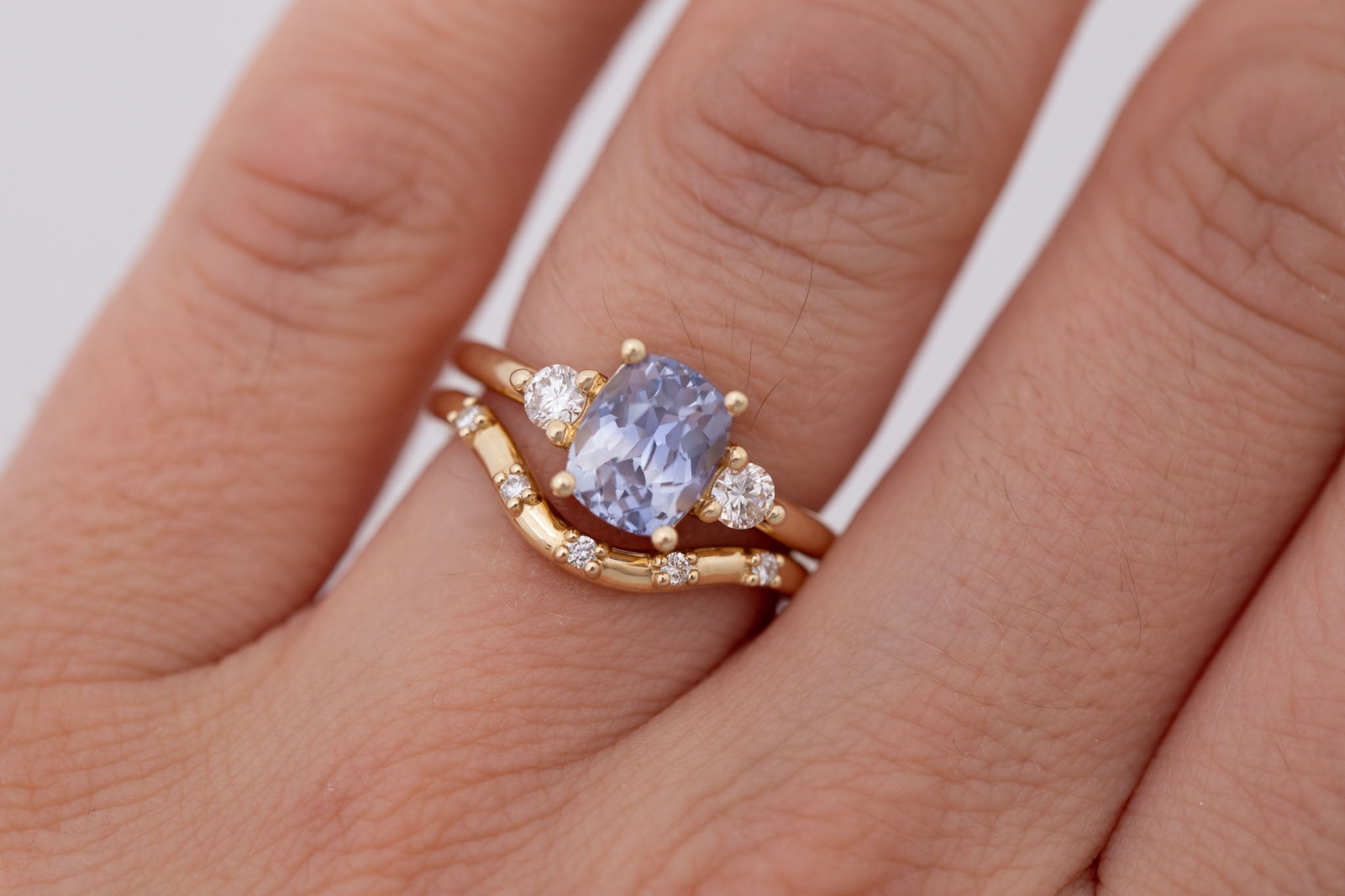 Maeve Ring | Lavender Cushion Sapphire + Round Diamond Accent Engagement Ring 2.09 ct | 14k Recycled Gold | One of a Kind