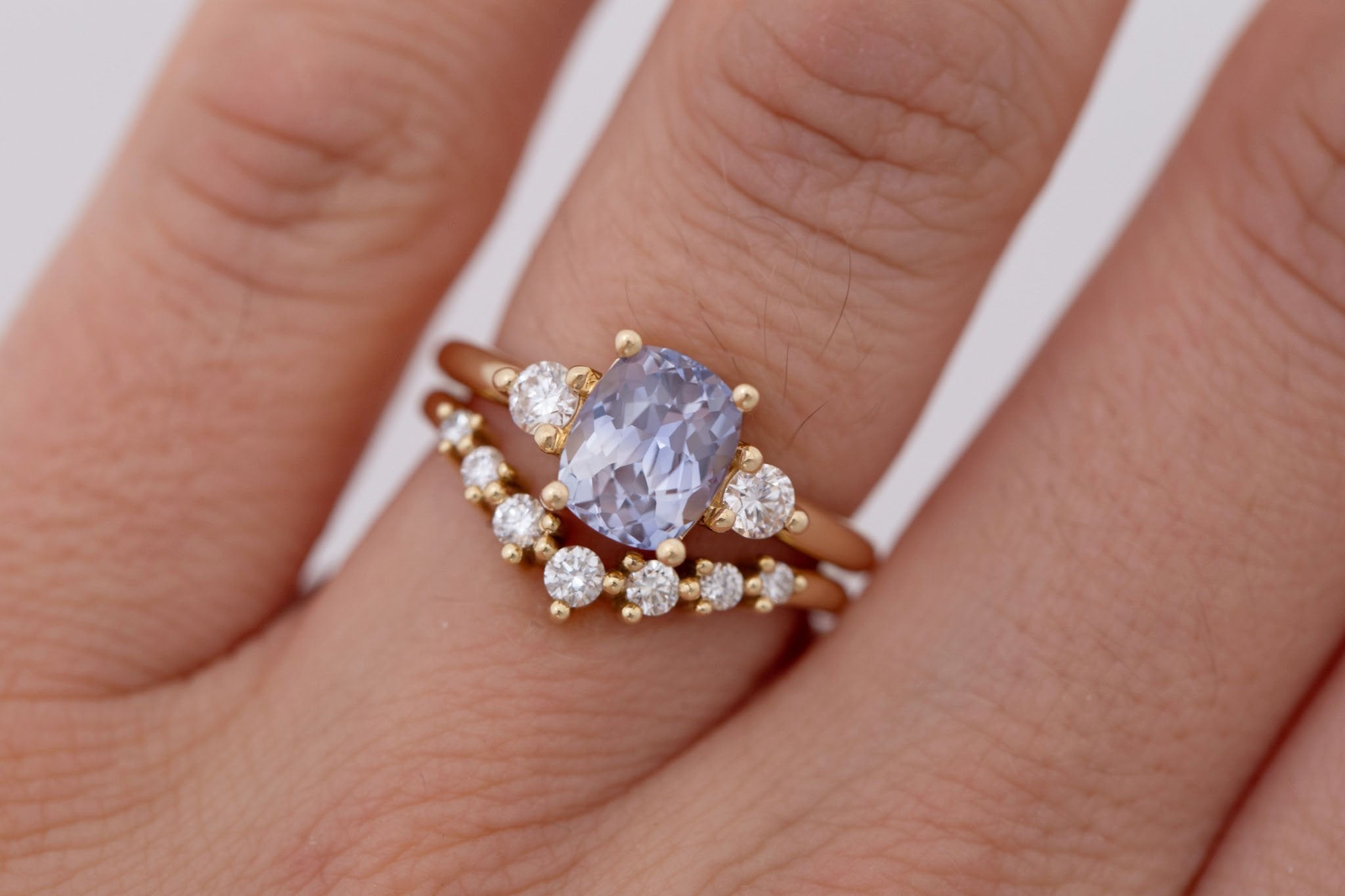 Maeve Ring | Lavender Cushion Sapphire + Round Diamond Accent Engagement Ring 2.09 ct | 14k Recycled Gold | One of a Kind