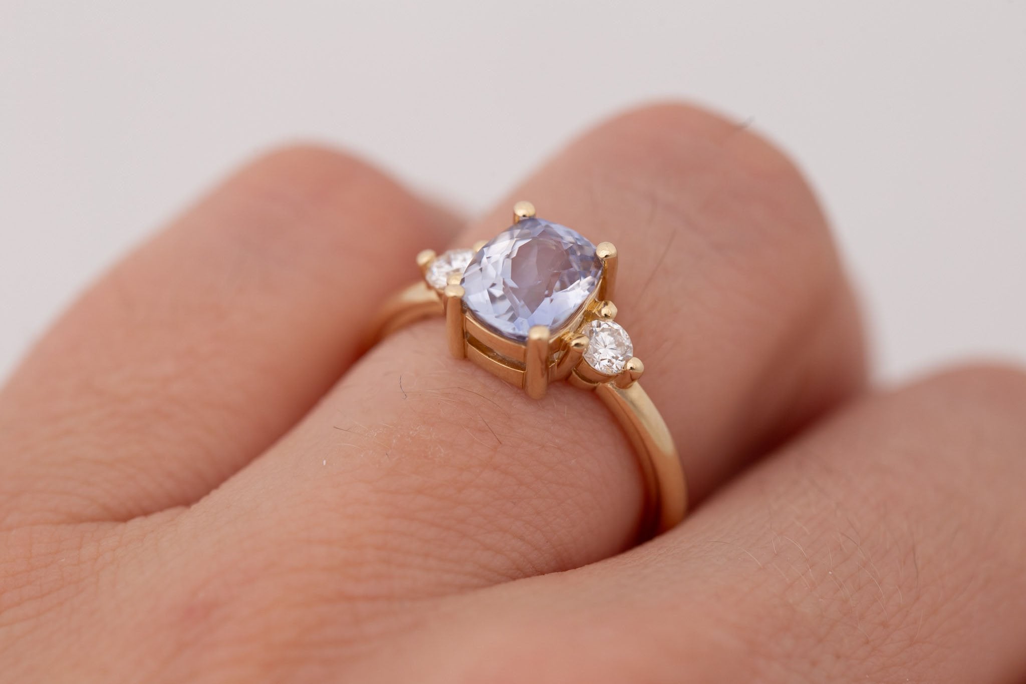 Maeve Ring | Lavender Cushion Sapphire + Round Diamond Accent Engagement Ring 2.09 ct | 14k Recycled Gold | One of a Kind