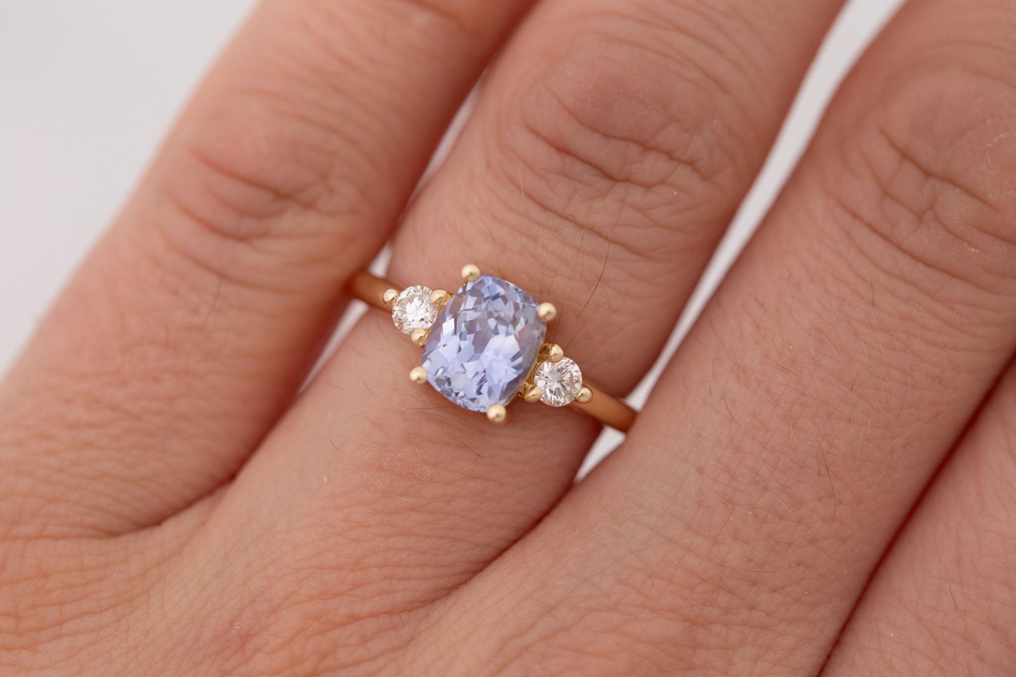 Maeve Ring | Lavender Cushion Sapphire + Round Diamond Accent Engagement Ring 2.09 ct | 14k Recycled Gold | One of a Kind