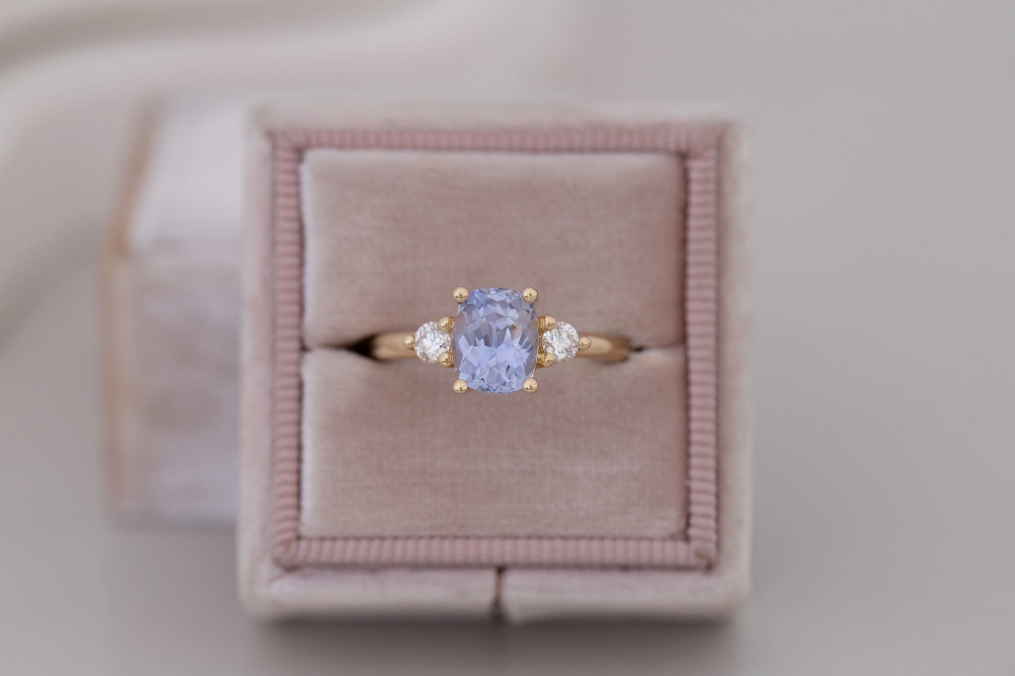 Maeve Ring | Lavender Cushion Sapphire + Round Diamond Accent Engagement Ring 2.09 ct | 14k Recycled Gold | One of a Kind