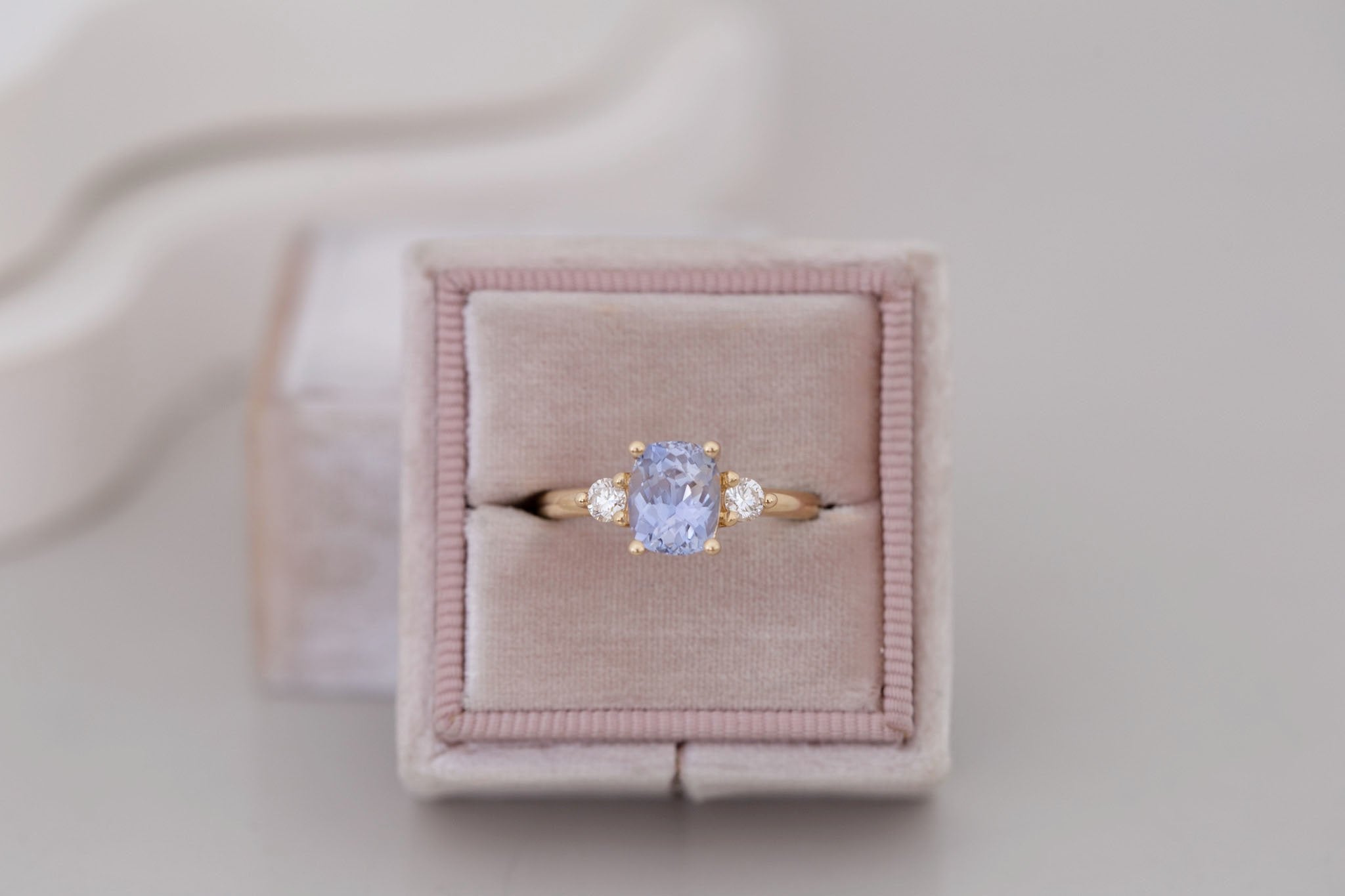Maeve Ring | Lavender Cushion Sapphire + Round Diamond Accent Engagement Ring 2.09 ct | 14k Recycled Gold | One of a Kind