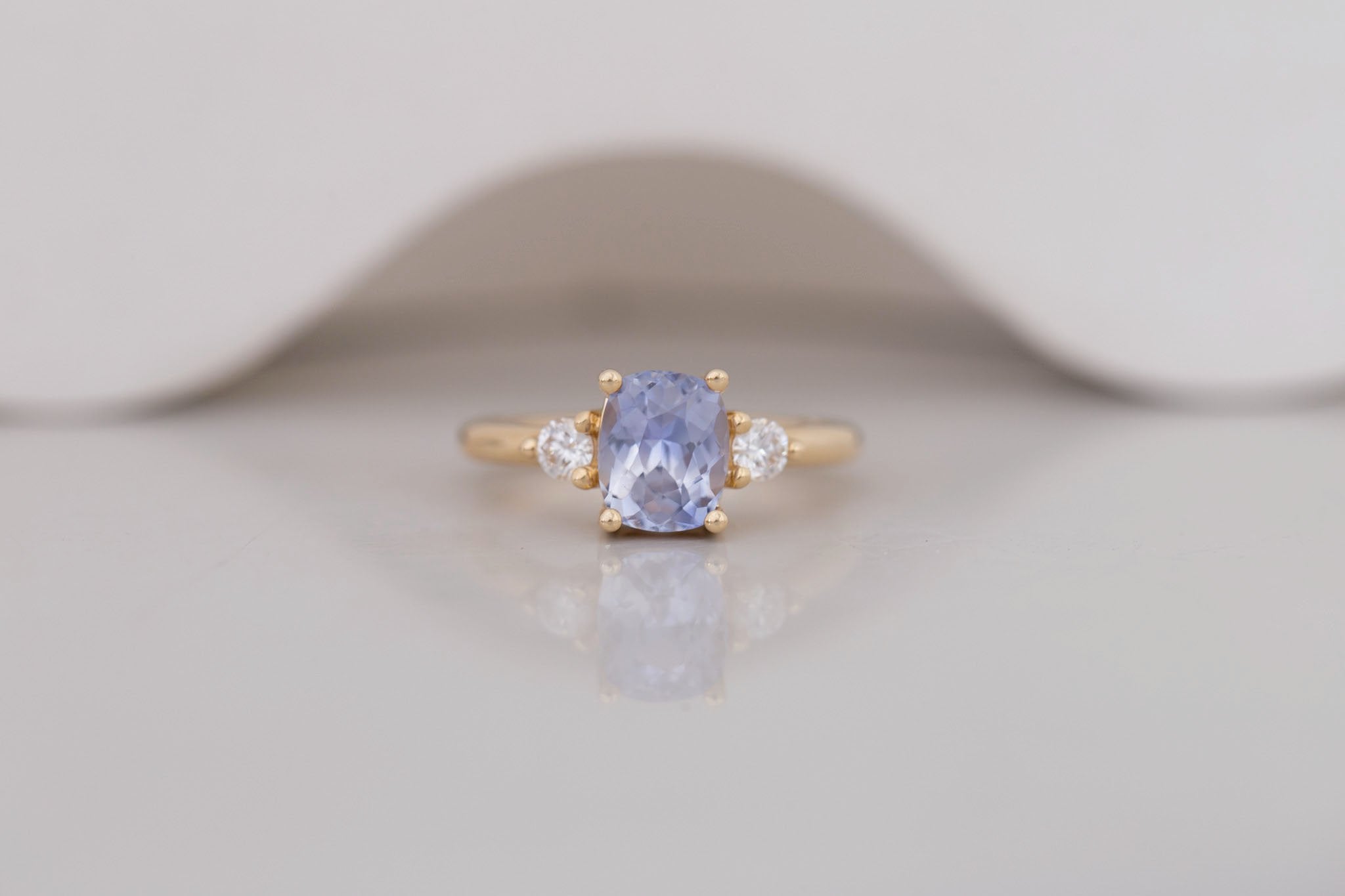 Maeve Ring | Lavender Cushion Sapphire + Round Diamond Accent Engagement Ring 2.09 ct | 14k Recycled Gold | One of a Kind
