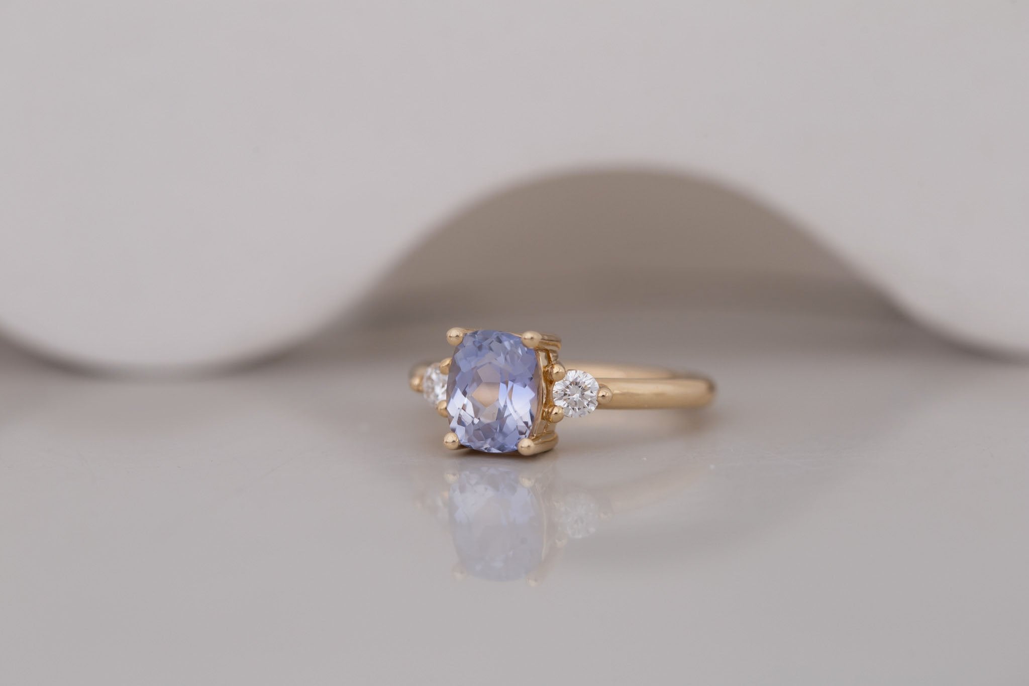 Maeve Ring | Lavender Cushion Sapphire + Round Diamond Accent Engagement Ring 2.09 ct | 14k Recycled Gold | One of a Kind