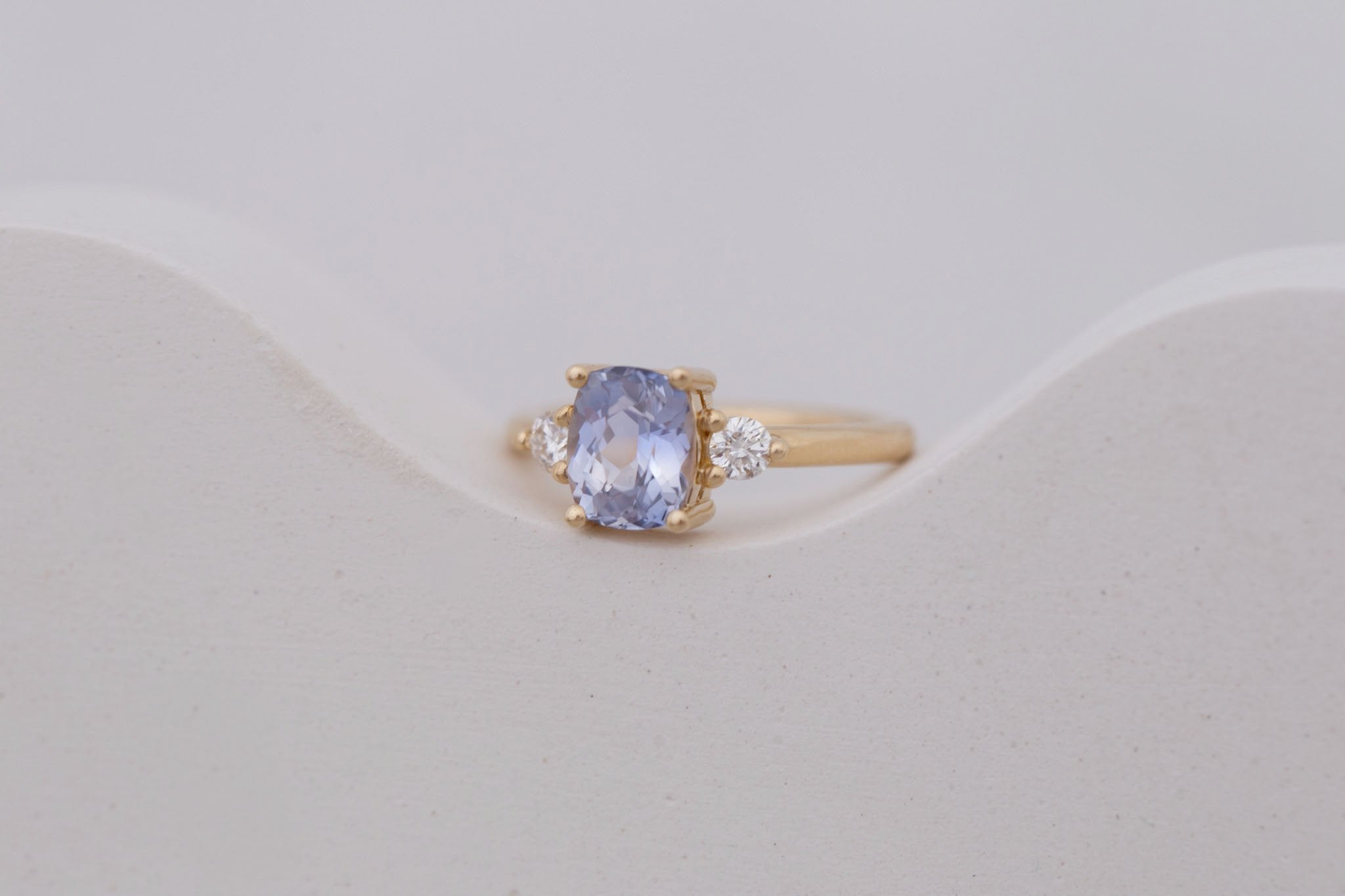 Maeve Ring | Lavender Cushion Sapphire + Round Diamond Accent Engagement Ring 2.09 ct | 14k Recycled Gold | One of a Kind