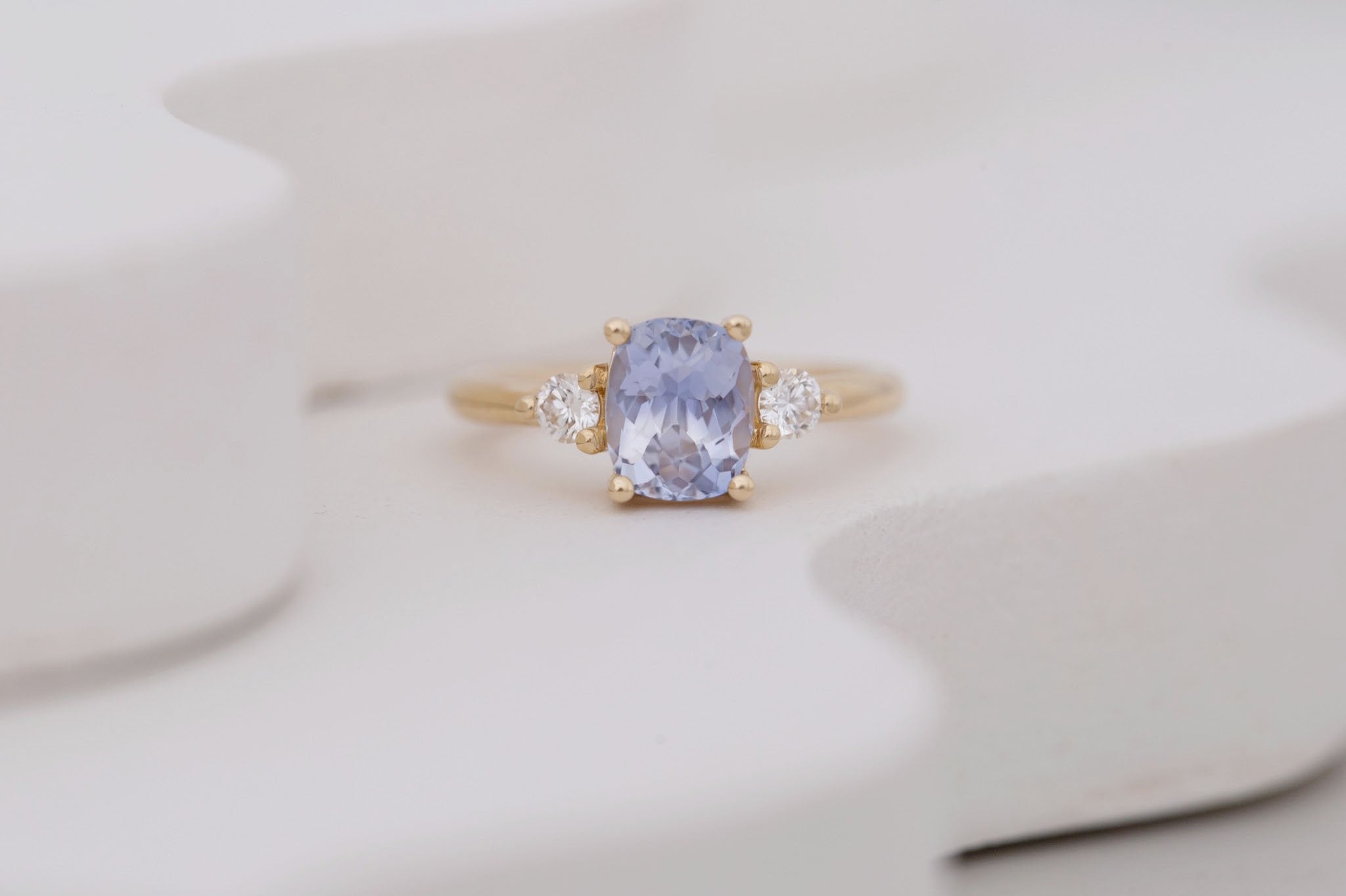 Maeve Ring | Lavender Cushion Sapphire + Round Diamond Accent Engagement Ring 2.09 ct | 14k Recycled Gold | One of a Kind