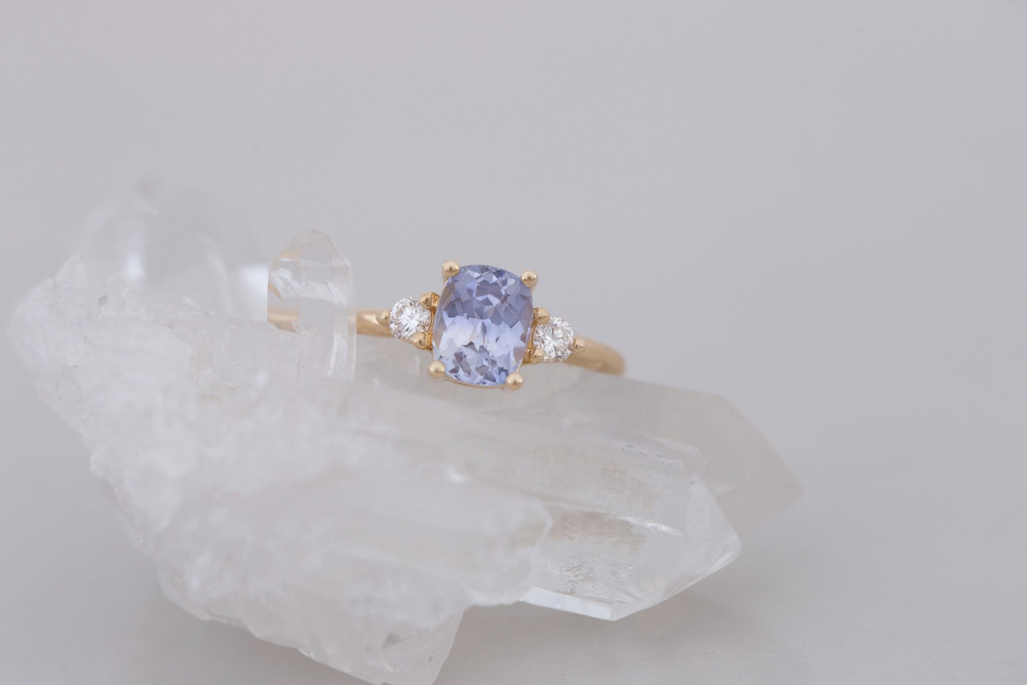 Maeve Ring | Lavender Cushion Sapphire + Round Diamond Accent Engagement Ring 2.09 ct | 14k Recycled Gold | One of a Kind