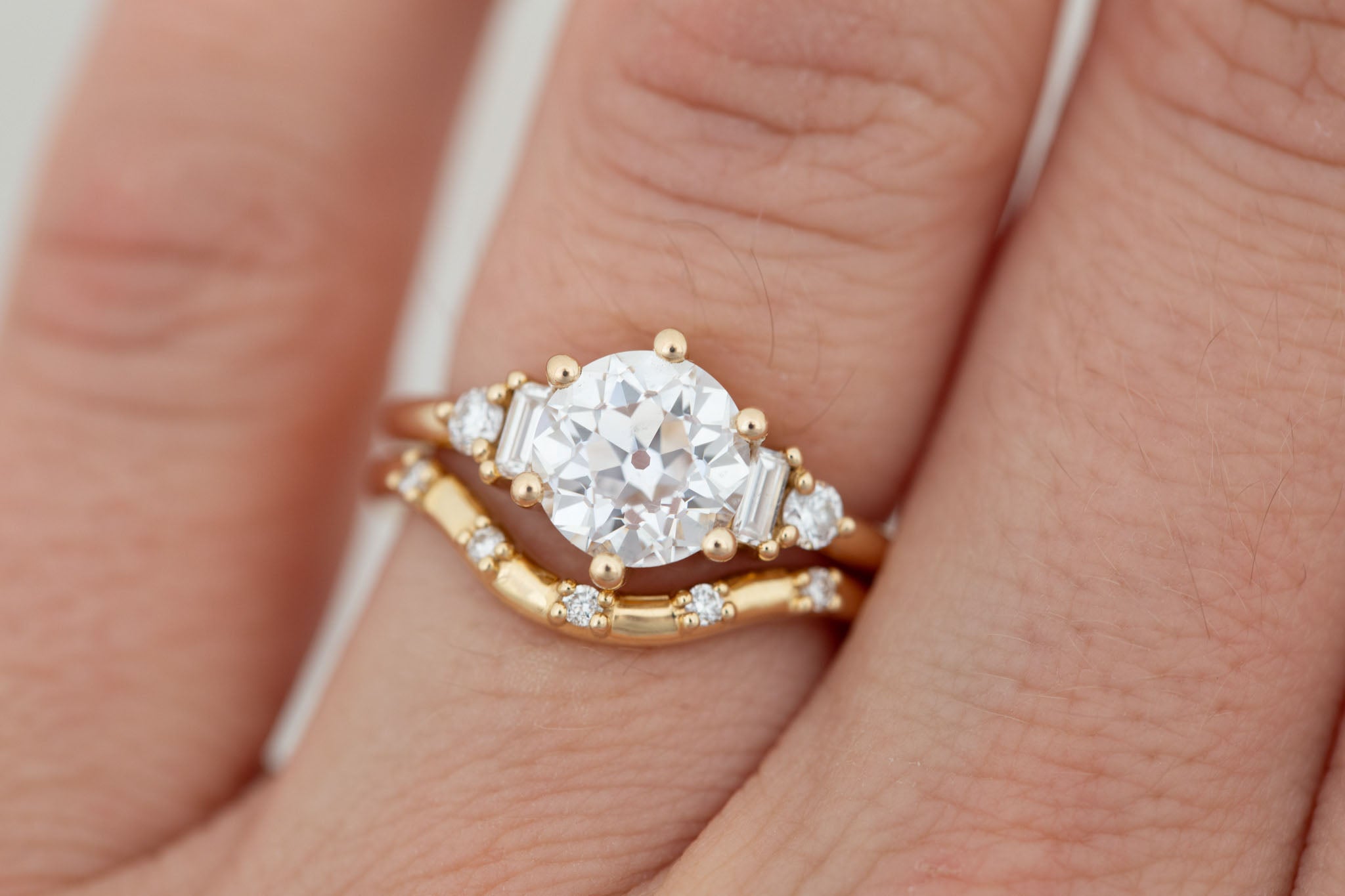 Alsea Ring | Lab Antique Round Cut Diamond + Baguette and Round Lab Diamond Accents Engagement Ring 2.09 ct | 14k Recycled Gold | One of a Kind