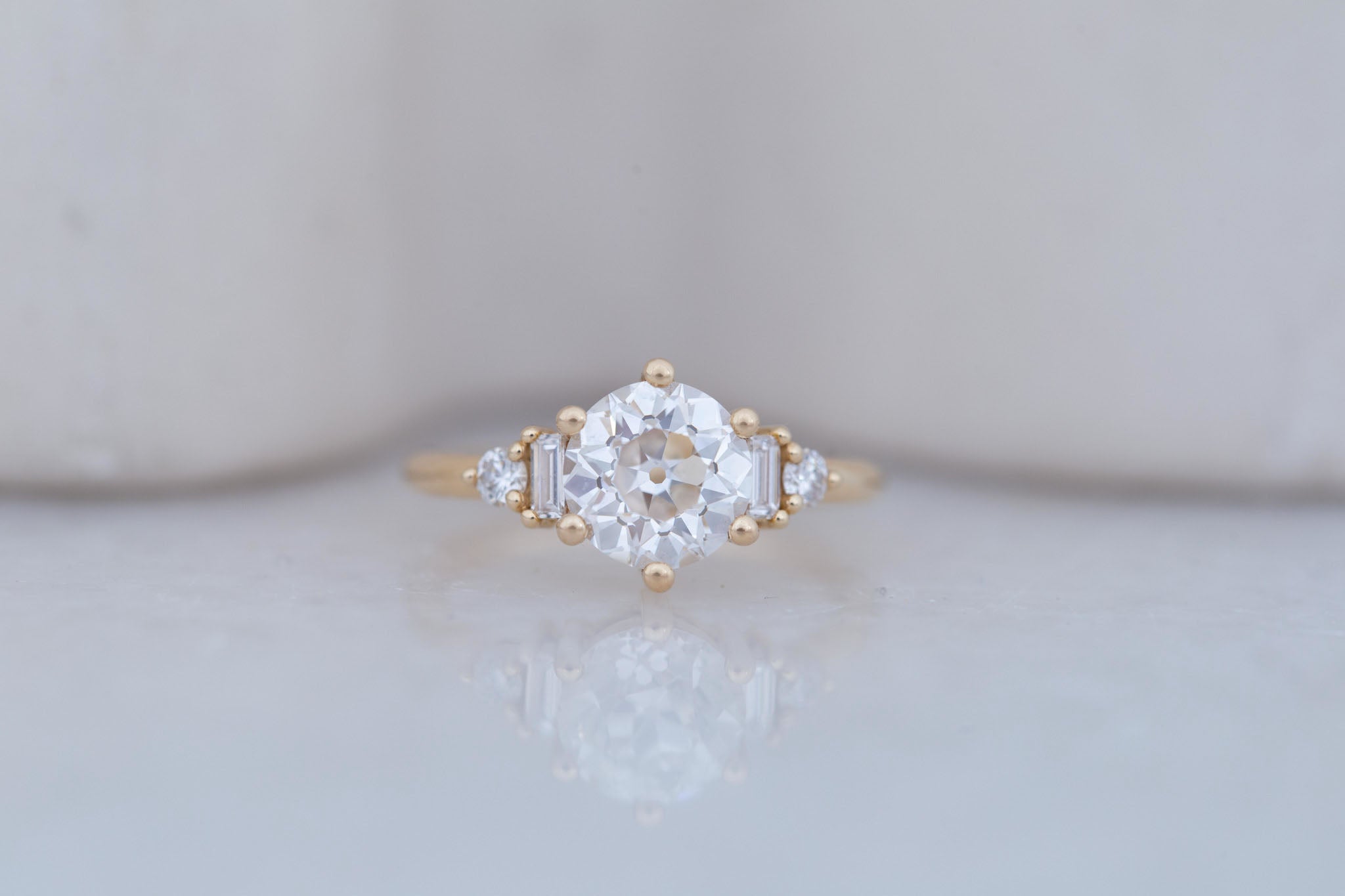 Alsea Ring | Lab Antique Round Cut Diamond + Baguette and Round Lab Diamond Accents Engagement Ring 2.09 ct | 14k Recycled Gold | One of a Kind