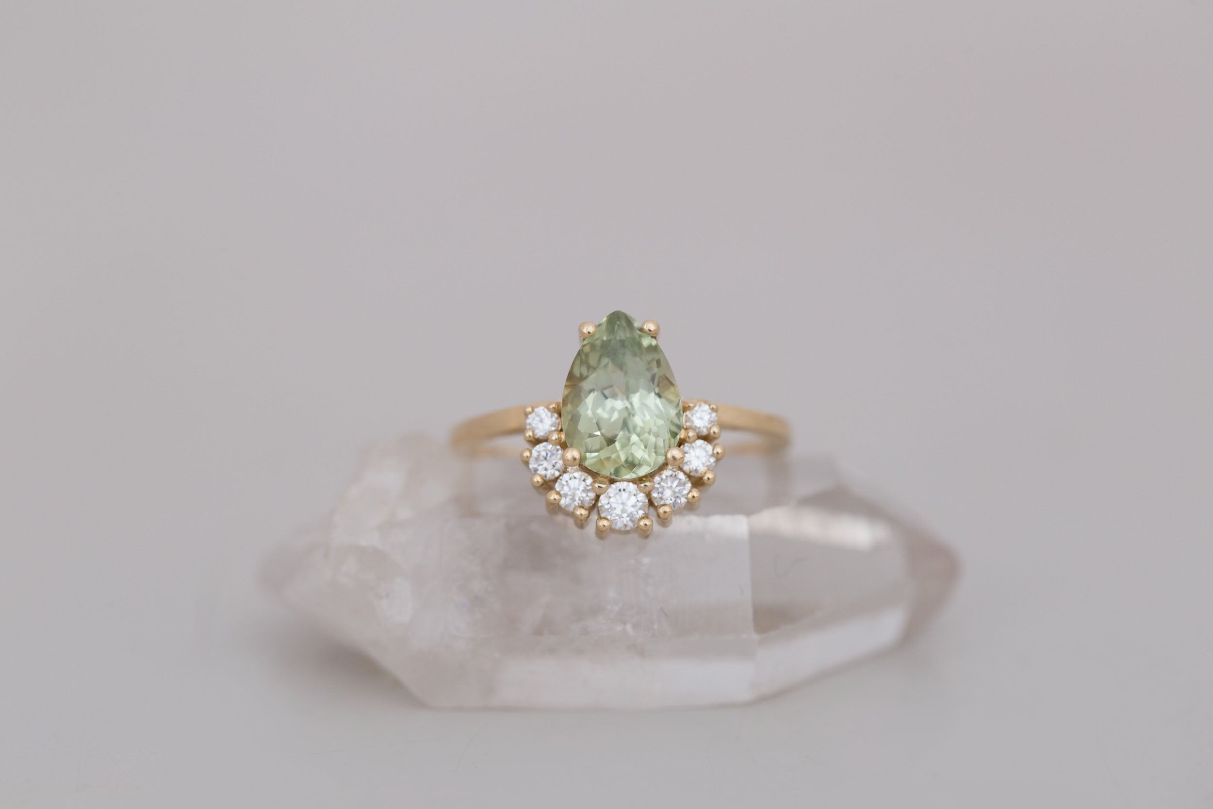 Laurel Ring | Green Pear Cut Sapphire + Diamond Cluster Engagement Ring 2.10 ct | 14k Recycled Gold