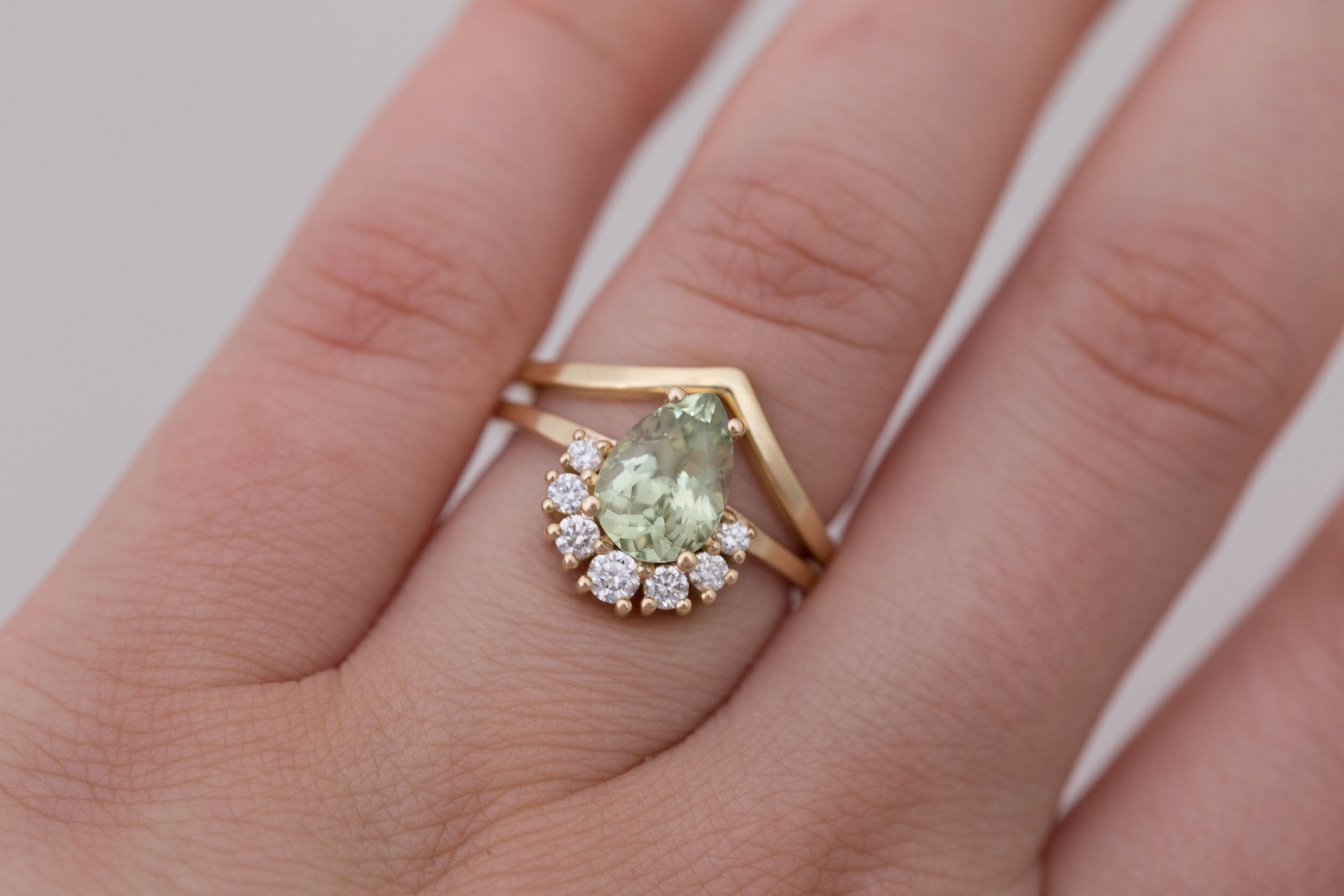 Laurel Ring | Green Pear Cut Sapphire + Diamond Cluster Engagement Ring 2.10 ct | 14k Recycled Gold