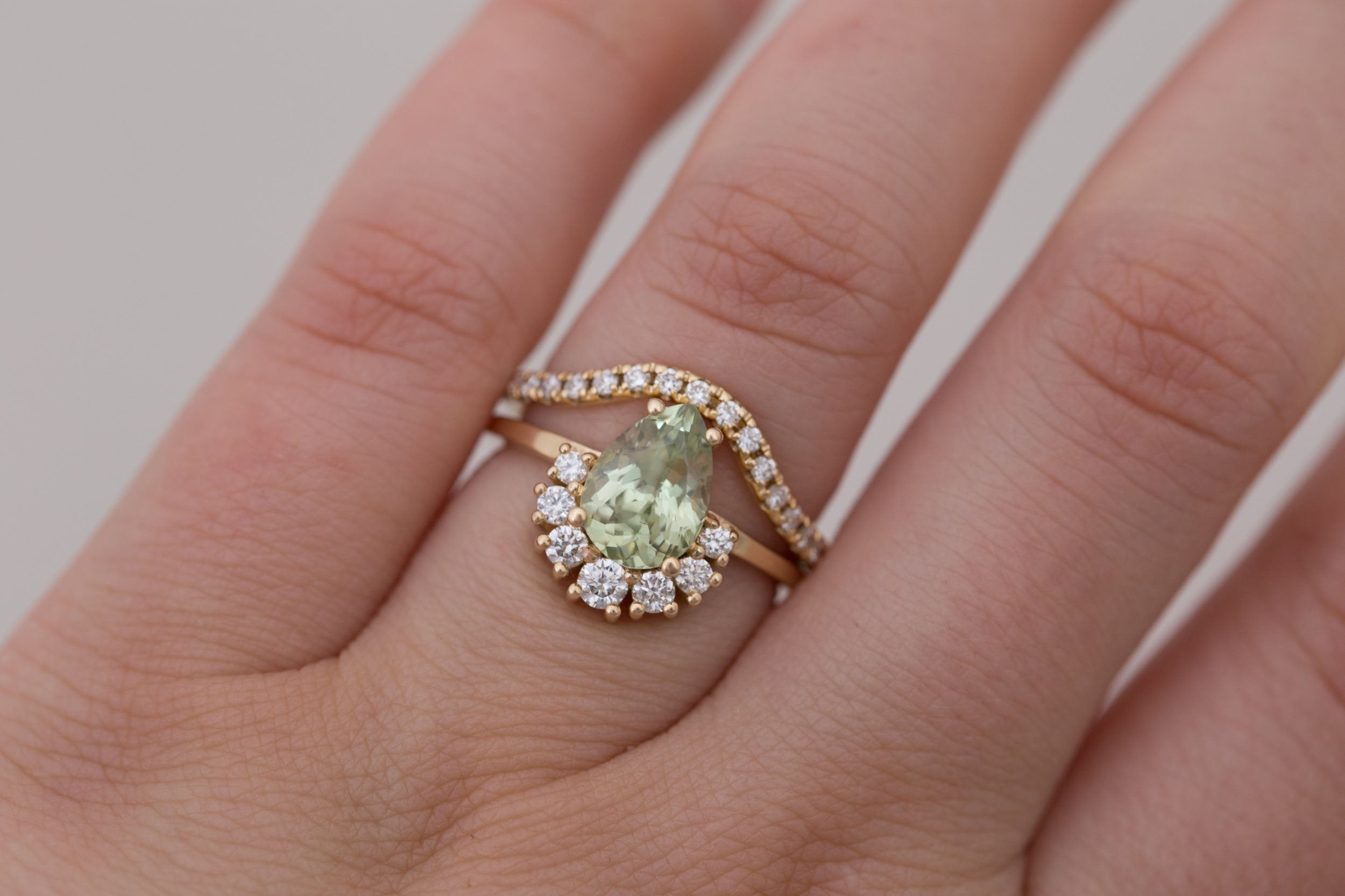 Laurel Ring | Green Pear Cut Sapphire + Diamond Cluster Engagement Ring 2.10 ct | 14k Recycled Gold