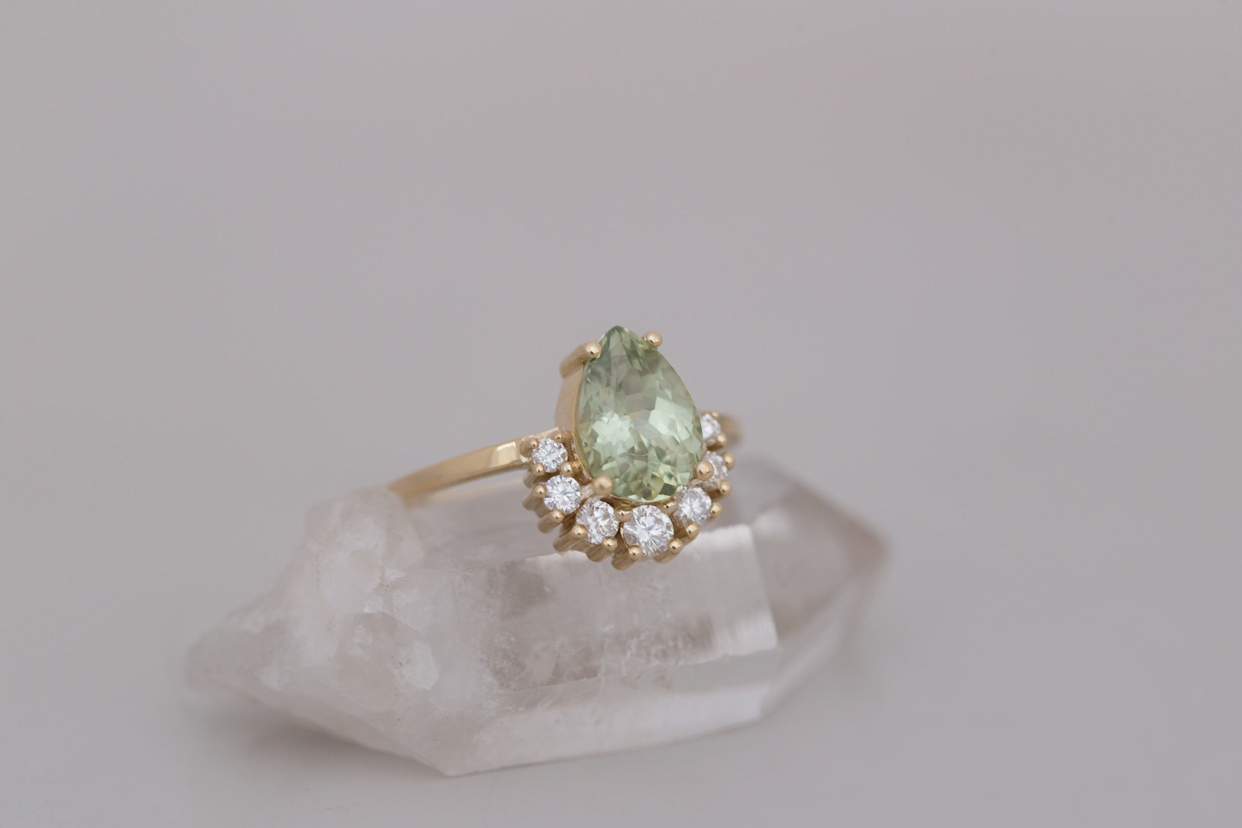 Laurel Ring | Green Pear Cut Sapphire + Diamond Cluster Engagement Ring 2.10 ct | 14k Recycled Gold