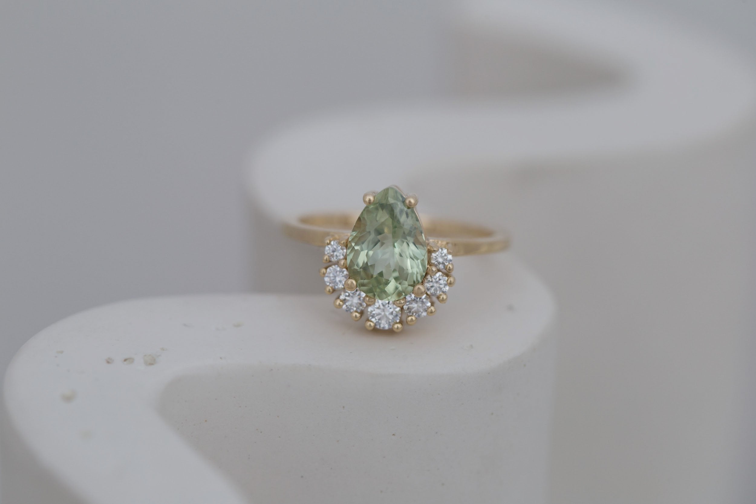 Laurel Ring | Green Pear Cut Sapphire + Diamond Cluster Engagement Ring 2.10 ct | 14k Recycled Gold